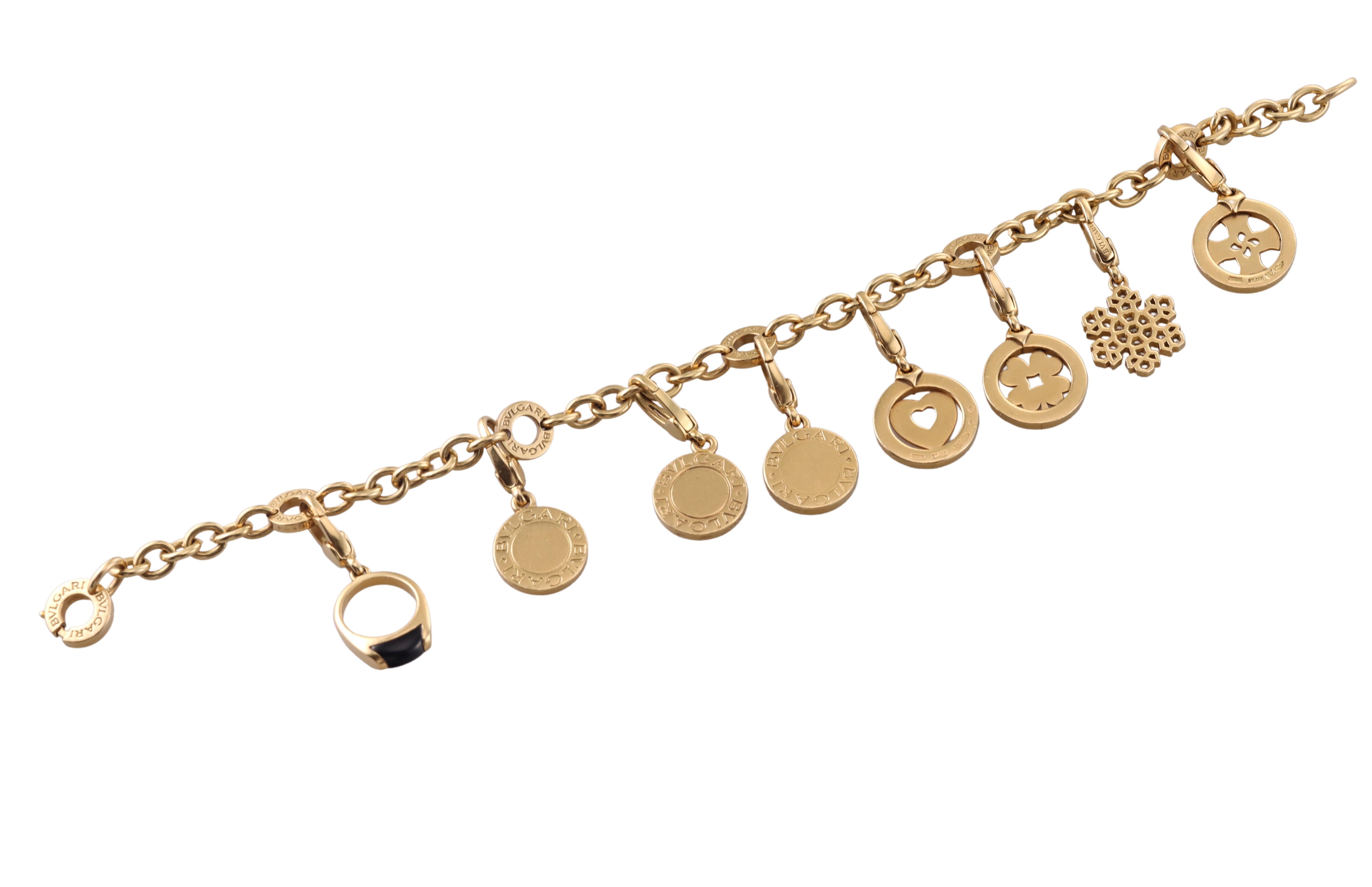 Women's Bulgari Diamond Coral Onyx Charm Gold Bracelet For Sale