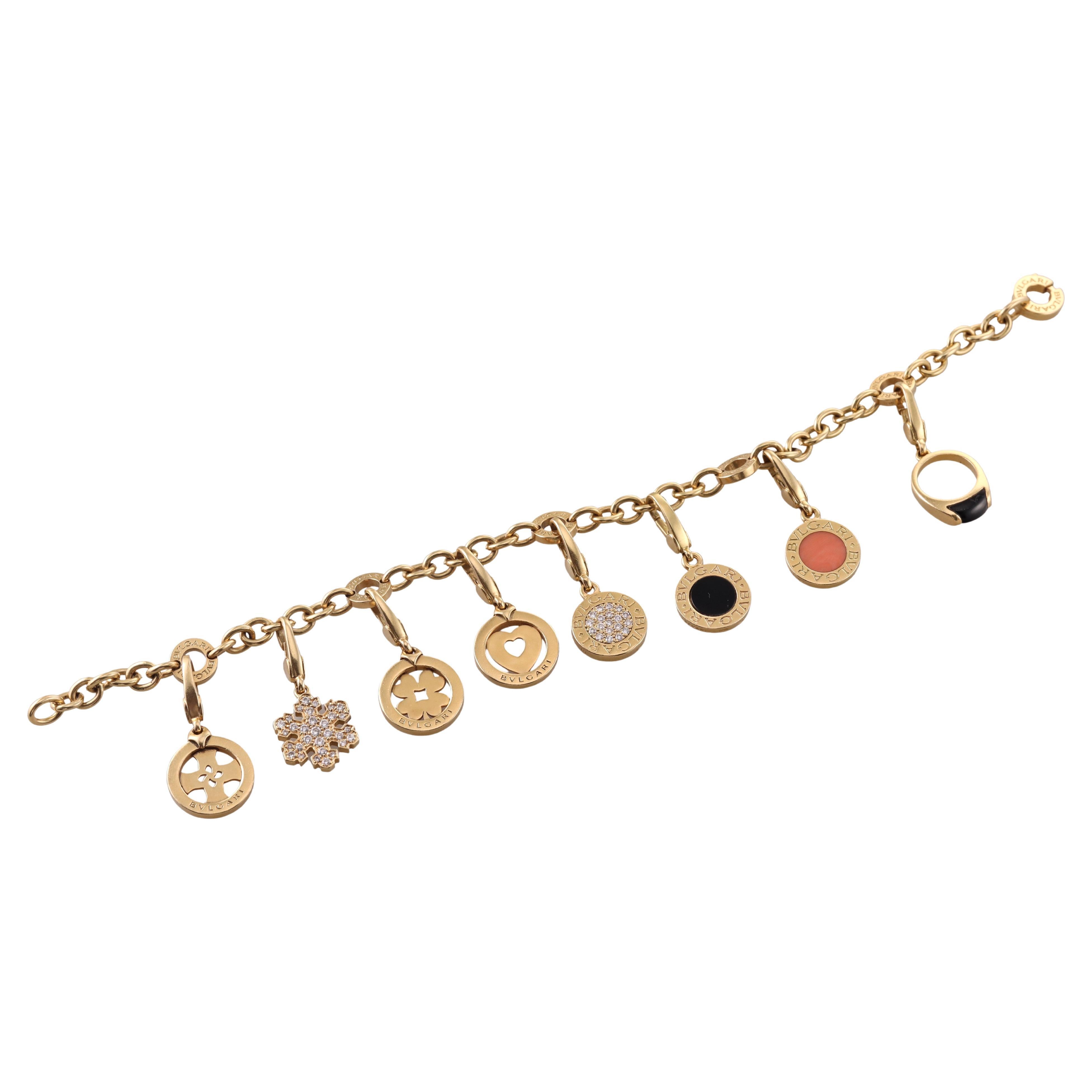 Bulgari Diamond Coral Onyx Charm Gold Bracelet For Sale