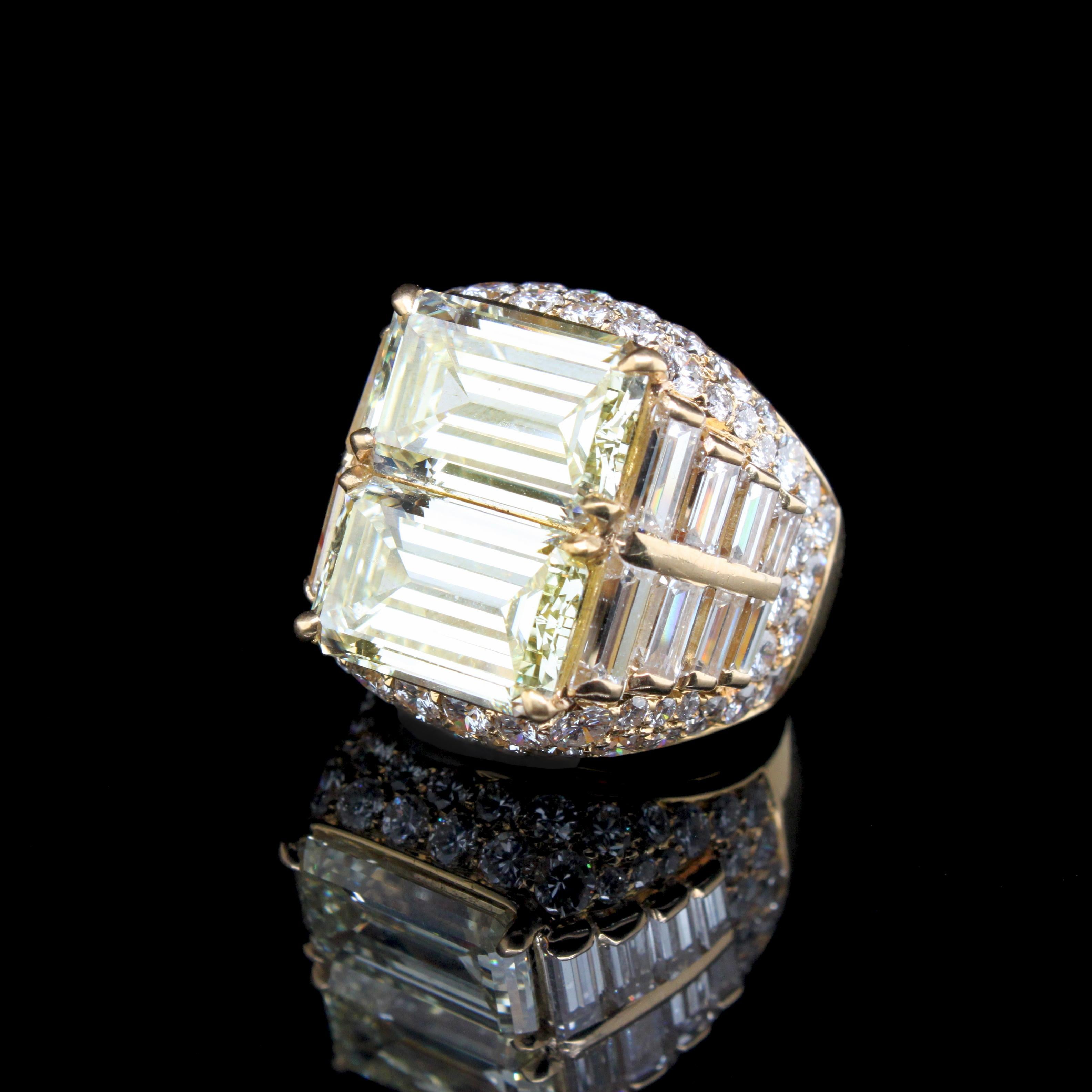 Important Bulgari Diamond Trombino Ring, ca. 1970s

The Bulgari Trombino double diamond ring centres two beautifully aligned and parallel-set light yellow emerald cut diamonds of 10.16 carats together (5.30 and 4.86 carats). Further accented by