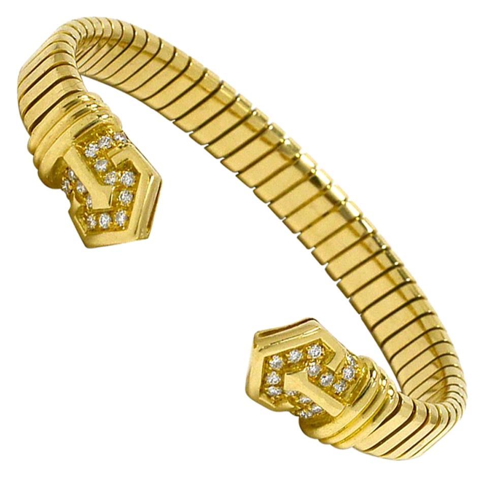 Bulgari Diamond Flexible Link Cuff Bangle Bracelet Bvlgari 18K Gold 1970s Estate