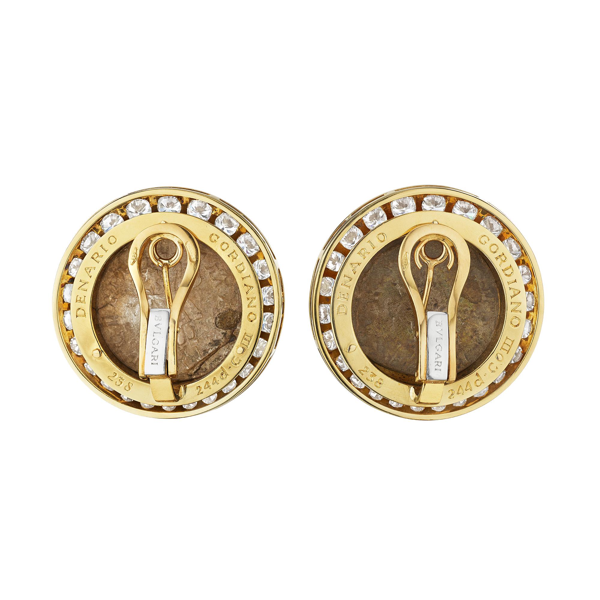 Modernist Bulgari Diamond Gold Ancient Coin Clip Earrings