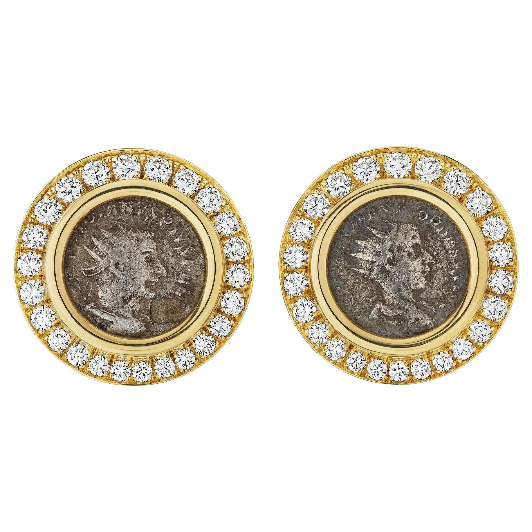 Bulgari Diamond Gold Ancient Coin Clip Earrings