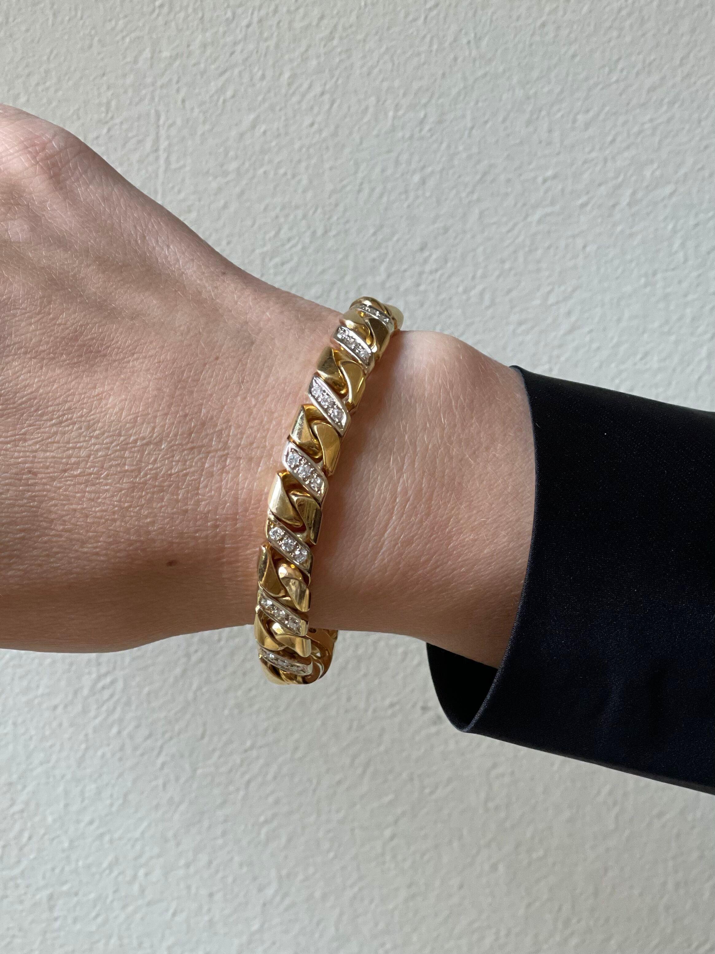 1980s 18k gold curb link bracelet by Bvlgari, with approx. 1.40ctw in H/VS diamonds. Bracelet is 7