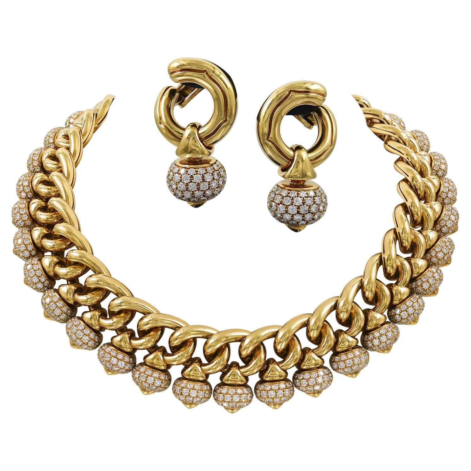 Bulgari Diamond Gold Necklace & Ear Clips Suite, Circa 1990