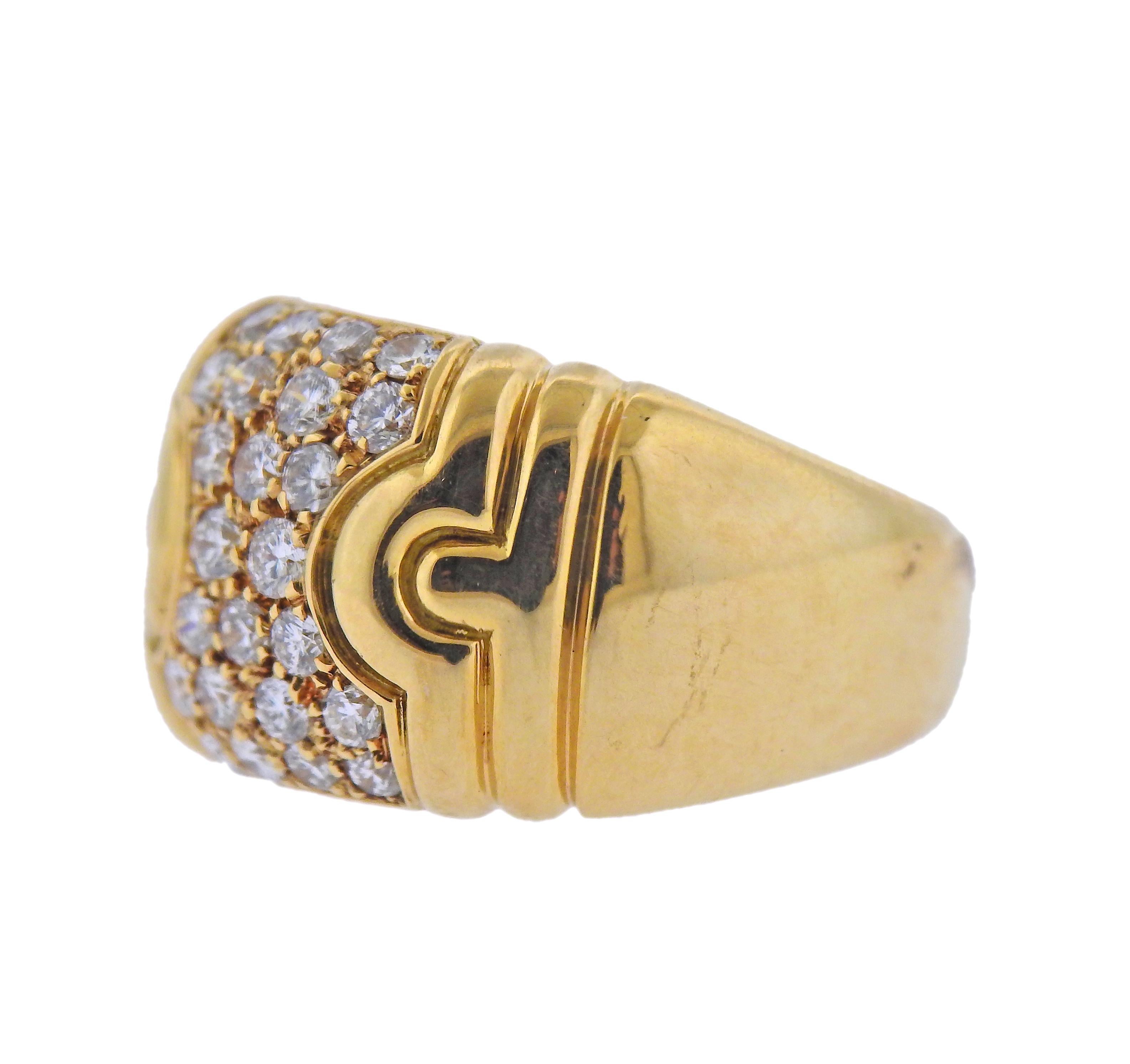 18k yellow gold and diamond Parentesi ring by Bvlgari. Set with approx. 0.75ctw in diamonds. Ring size 6, ring top is 13mm wide. Marked: 750, Bvlgari, Italian mark. Weight - 12.7 grams.