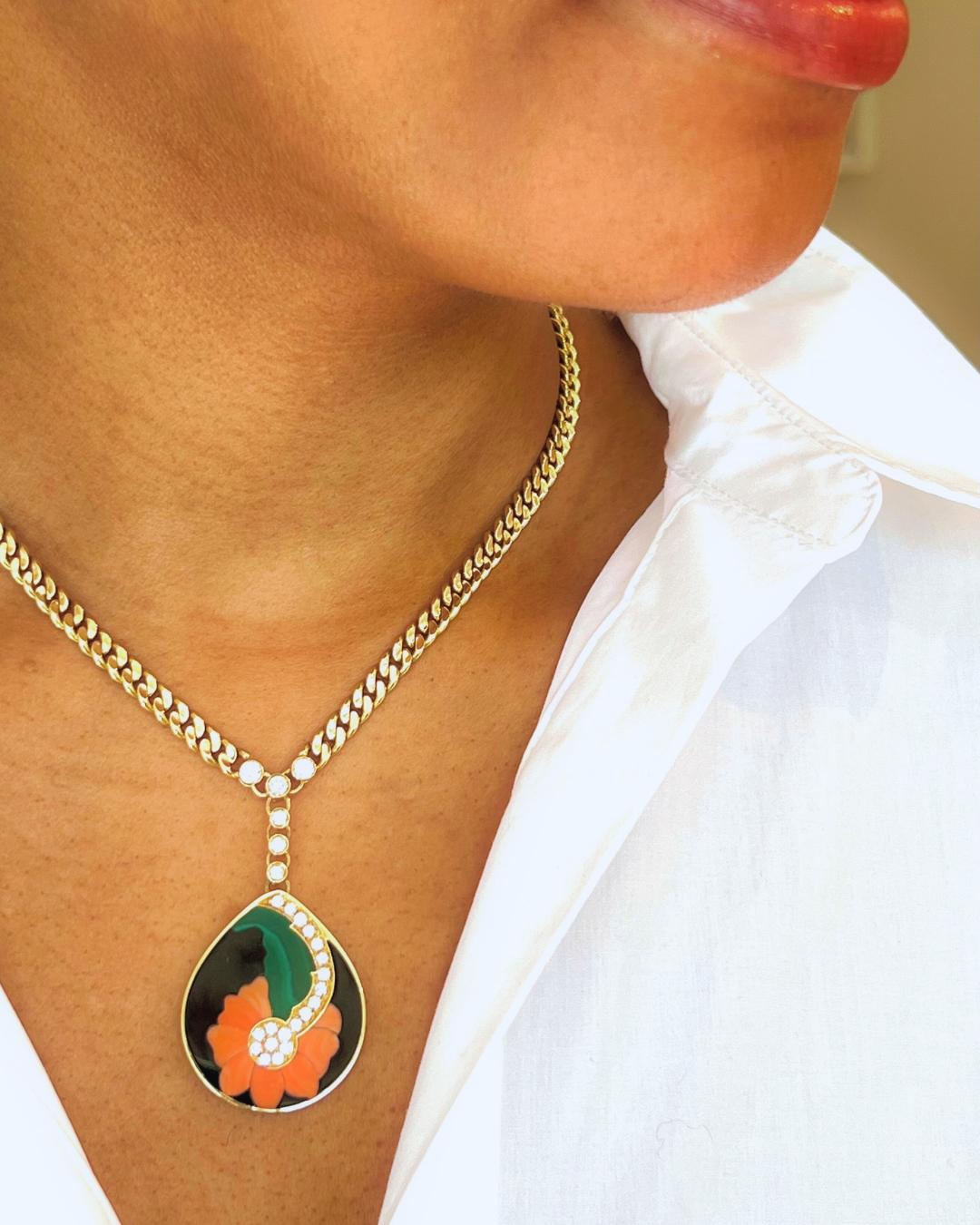 Round Cut Bulgari Diamond, Hardstone Inlay, and 18K Gold Pendant Necklace, 1972-1974 For Sale