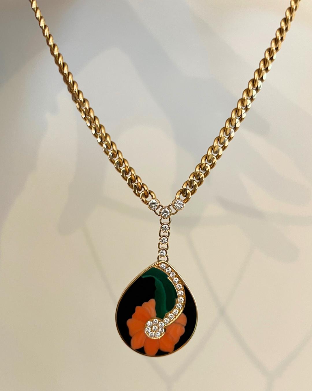 Bulgari Diamond, Hardstone Inlay, and 18K Gold Pendant Necklace, 1972-1974 For Sale 1