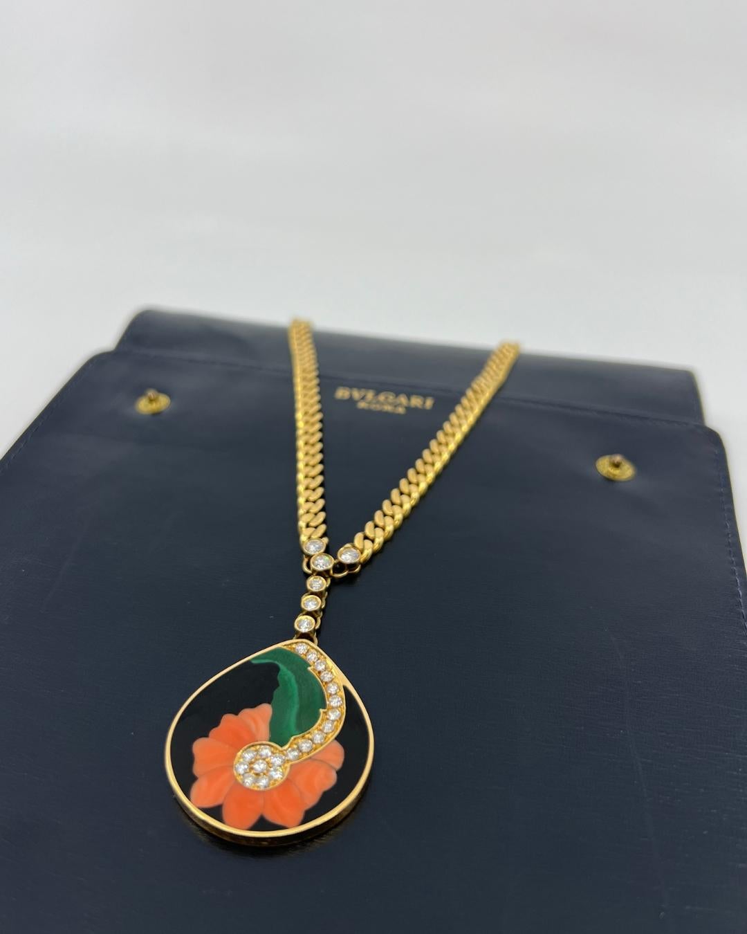 Bulgari Diamond, Hardstone Inlay, and 18K Gold Pendant Necklace, 1972-1974 For Sale 2