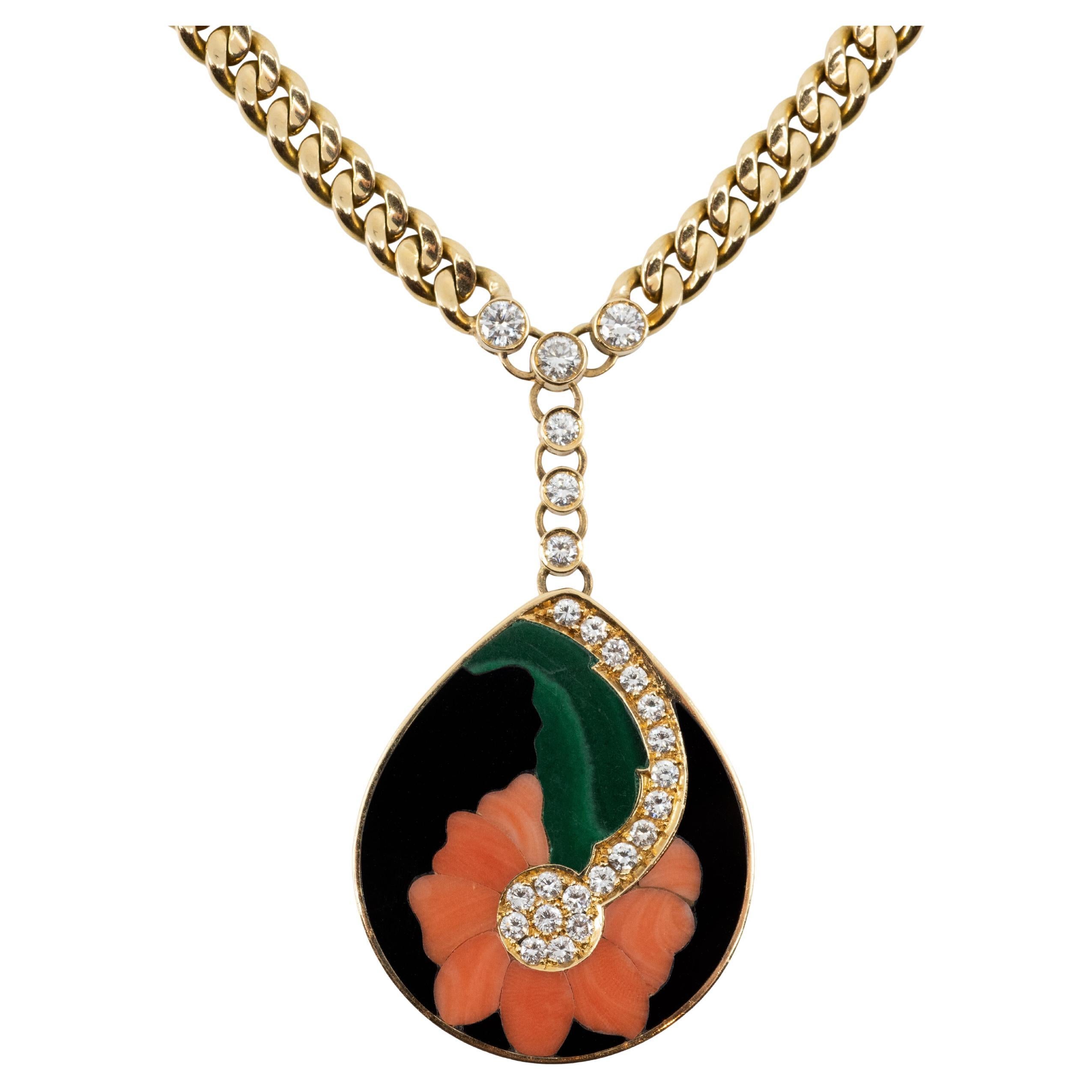 Bulgari Diamond, Hardstone Inlay, and 18K Gold Pendant Necklace, 1972-1974 For Sale