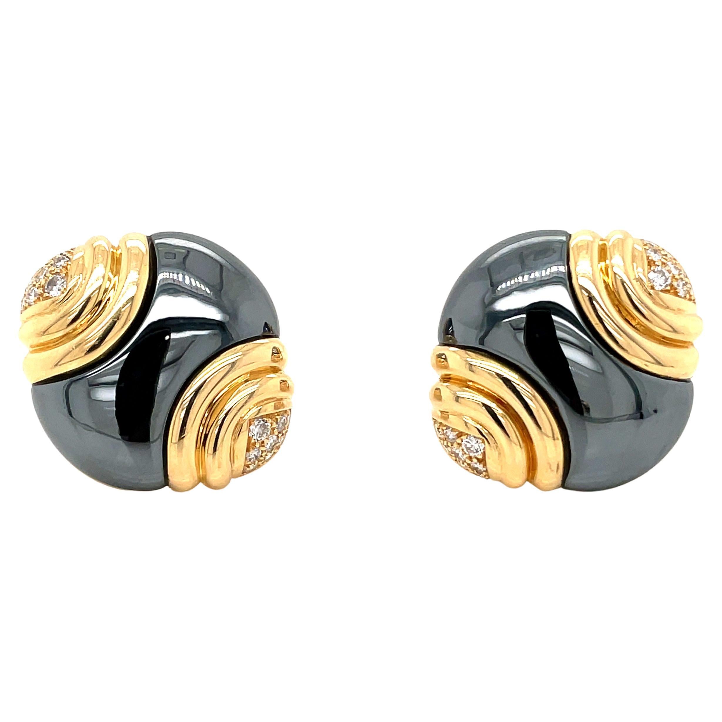 Oval Cut Bulgari Diamond Hematite 18 Karat Yellow Gold Earrings For Sale