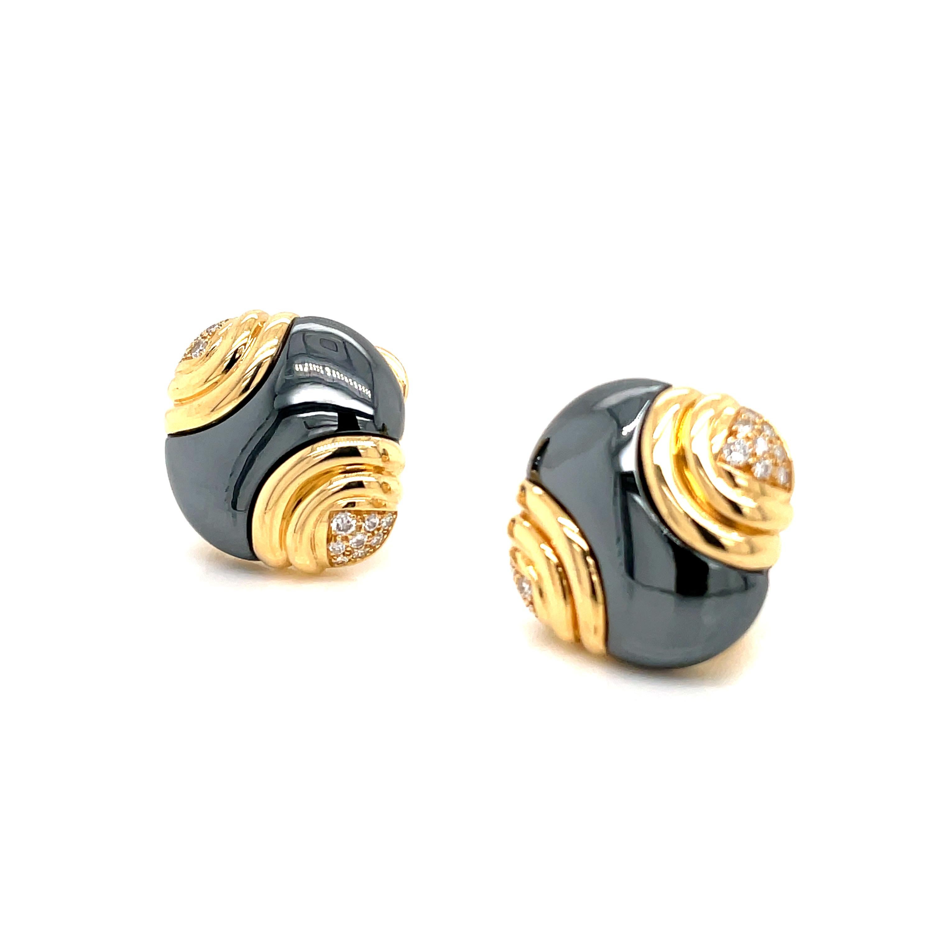 Women's Bulgari Diamond Hematite 18 Karat Yellow Gold Earrings For Sale