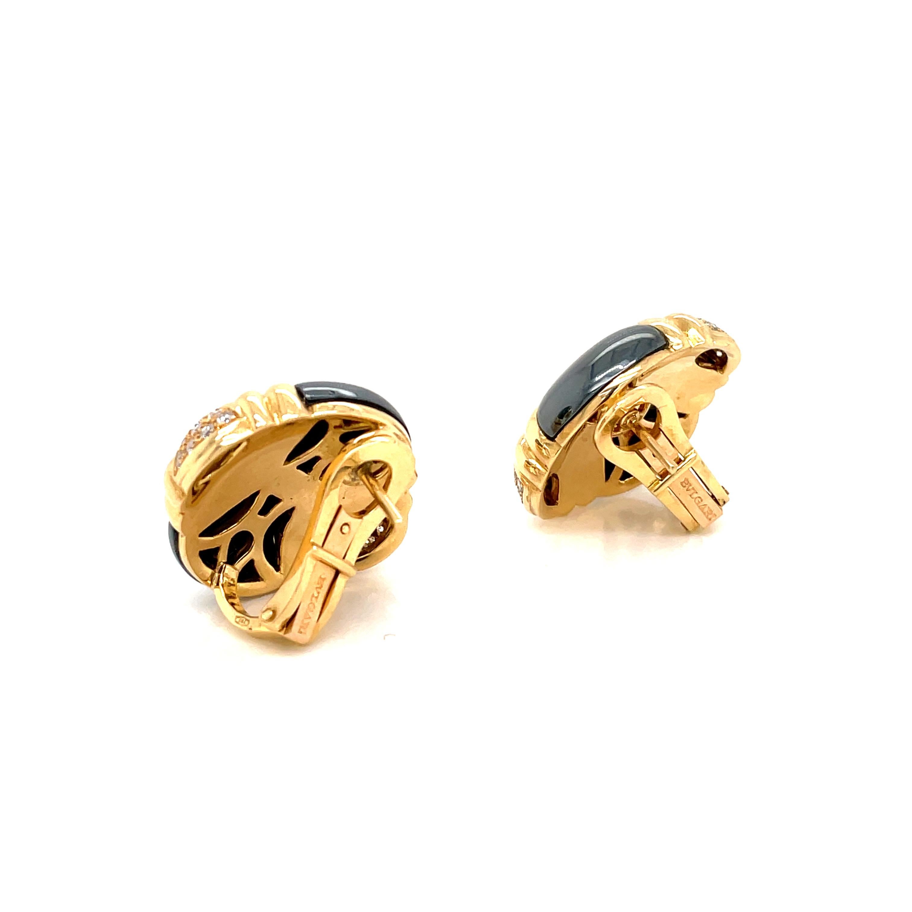 Bulgari Diamond Hematite 18 Karat Yellow Gold Earrings For Sale 1