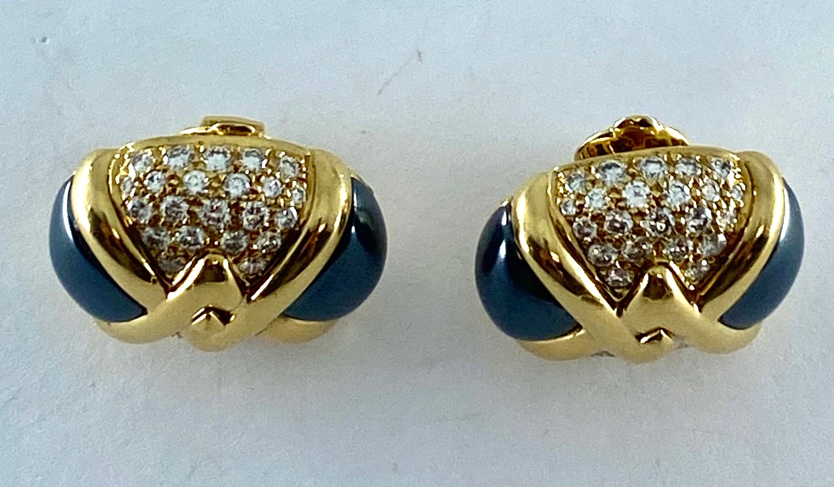 Round Cut  Bulgari Diamond Hematite 18K Gold Earrings  For Sale