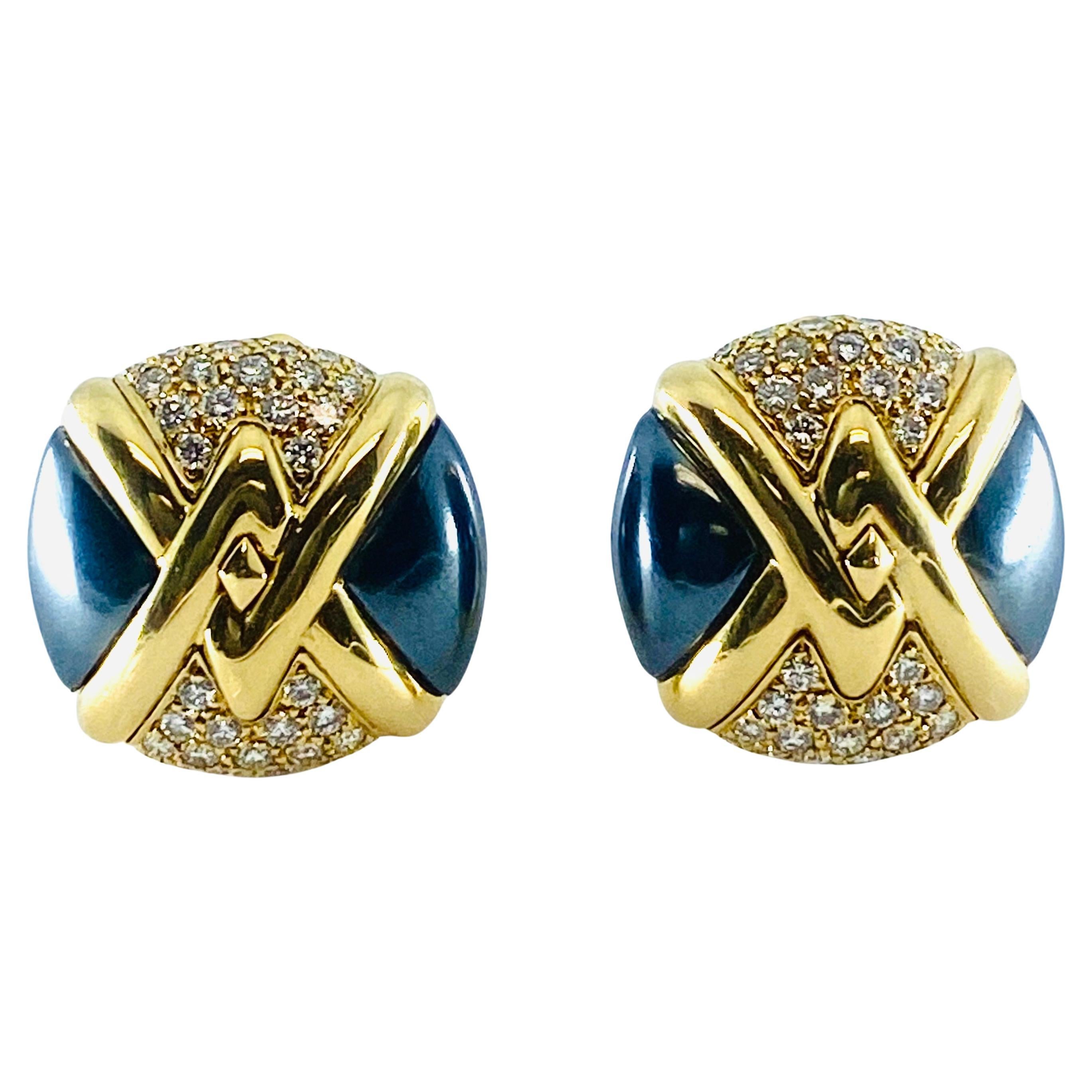  Bulgari Diamond Hematite 18K Gold Earrings  For Sale