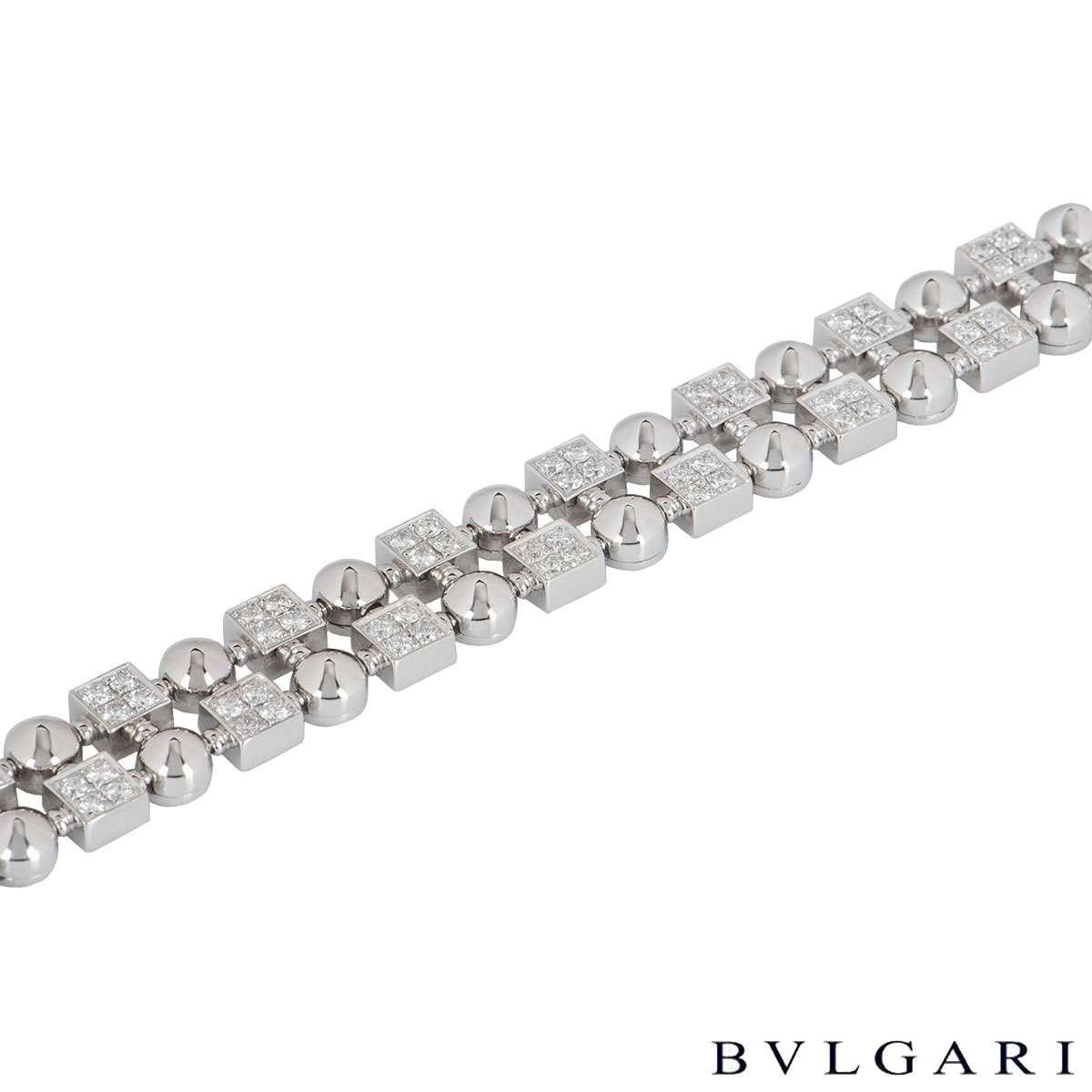 An impressive 18k white gold diamond bracelet from the Lucea collection by Bvlgari. The bracelet is composed of 32 square links, each set with four round brilliant cut diamonds totalling approximately 2.56ct. Interlinking between each diamond set