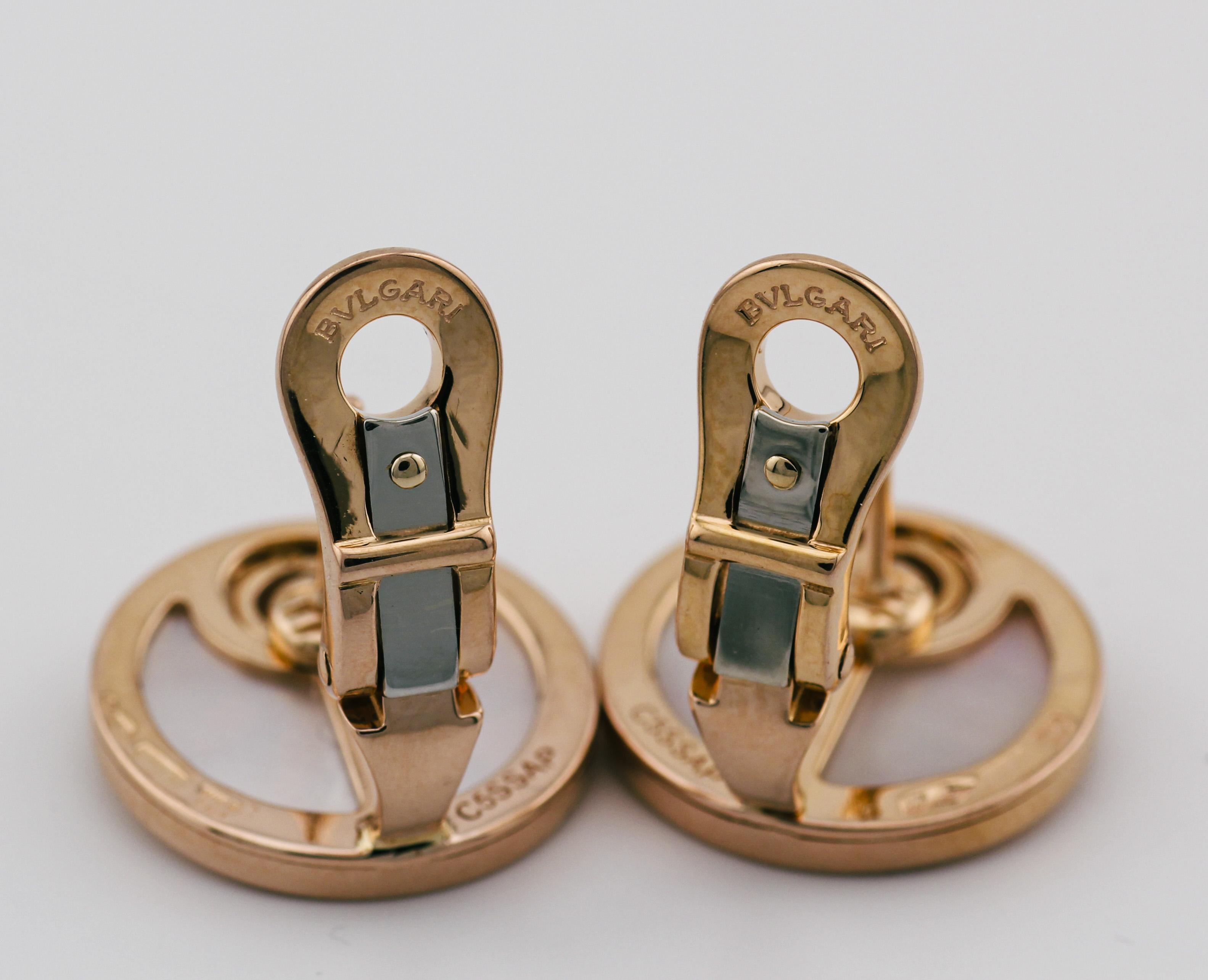 Bulgari Diamond MOP 18K Rose Gold Intarsio Earrings In Good Condition For Sale In Bellmore, NY