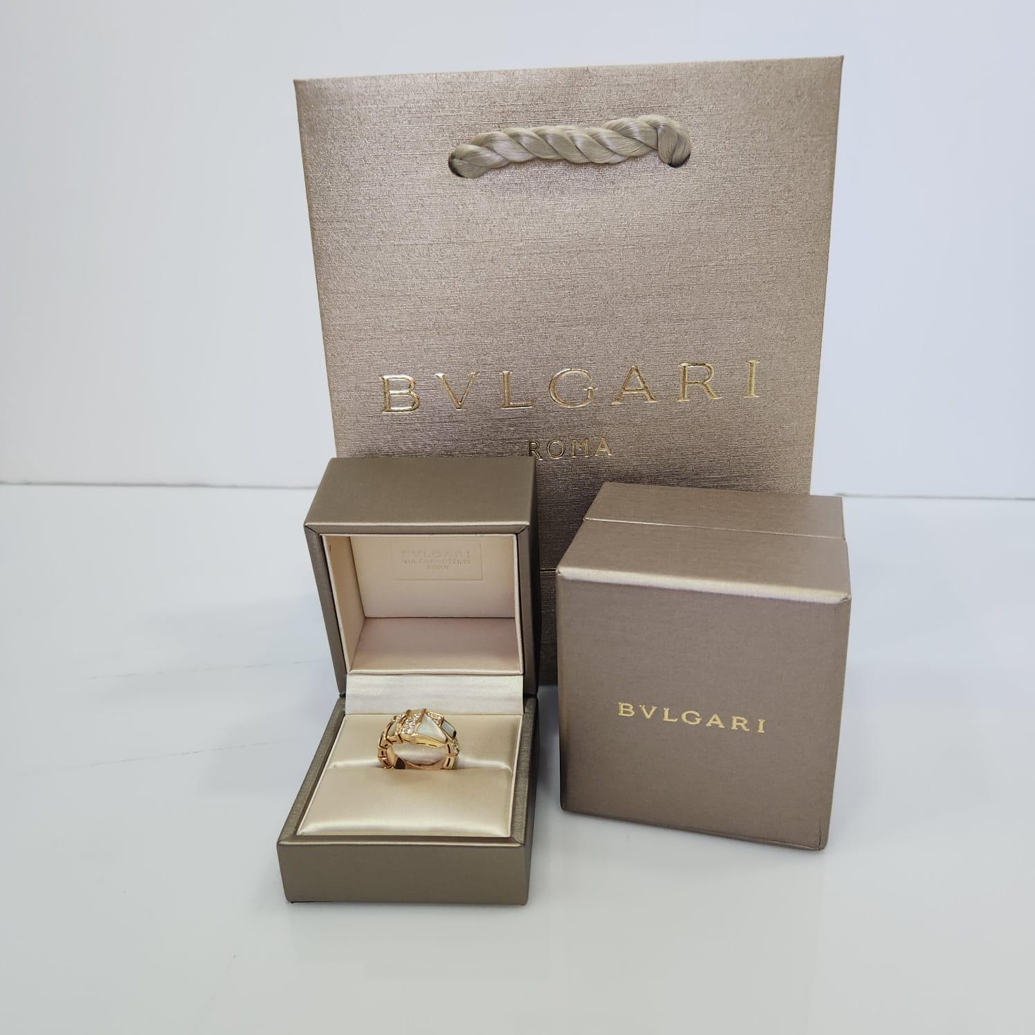 Brilliant Cut Bulgari Diamond & Mother of Pearl Serpenti Ring, 18K Yellow Gold For Sale