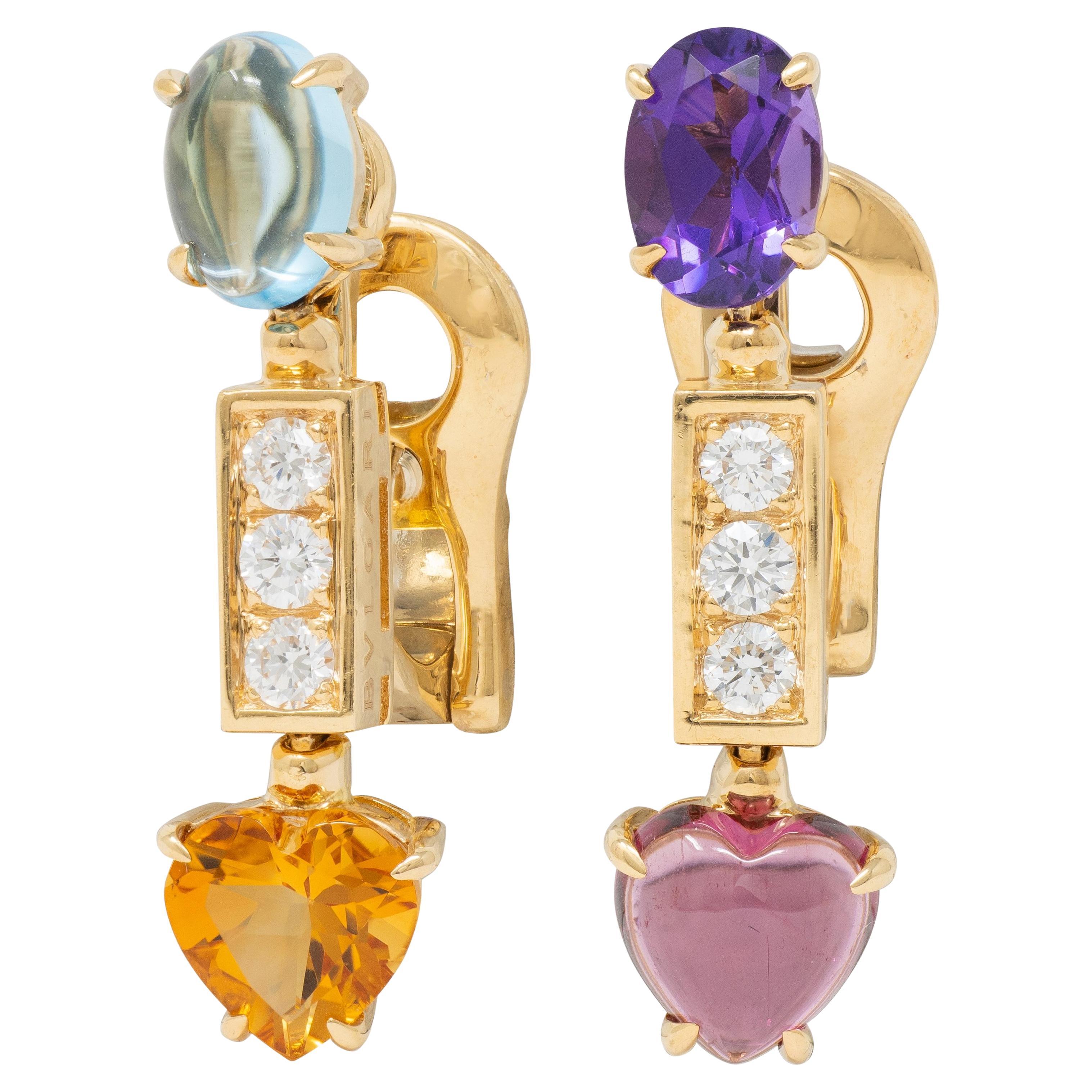 Bulgari Diamond Multi-Gem 18 Karat Yellow Gold Allegra Drop Ear-Clip Earrings