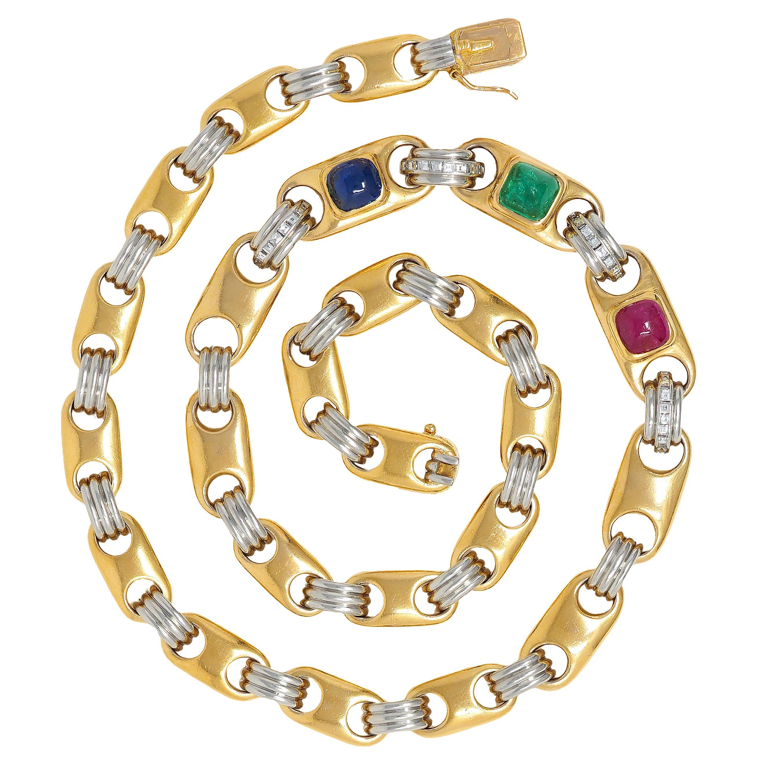 Bulgari Halskette mit Mariner-Gliederkette, Diamant Multi-Glieder Rubin 18K Gold Platin (Cabochon) im Angebot
