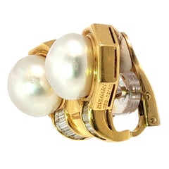 Bulgari Diamond Pearl Earrings 18K Yellow Gold South Sea Pearl 1980s