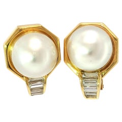 Bulgari Diamond Pearl Earrings 18K Yellow Gold South Sea Pearl 1980s