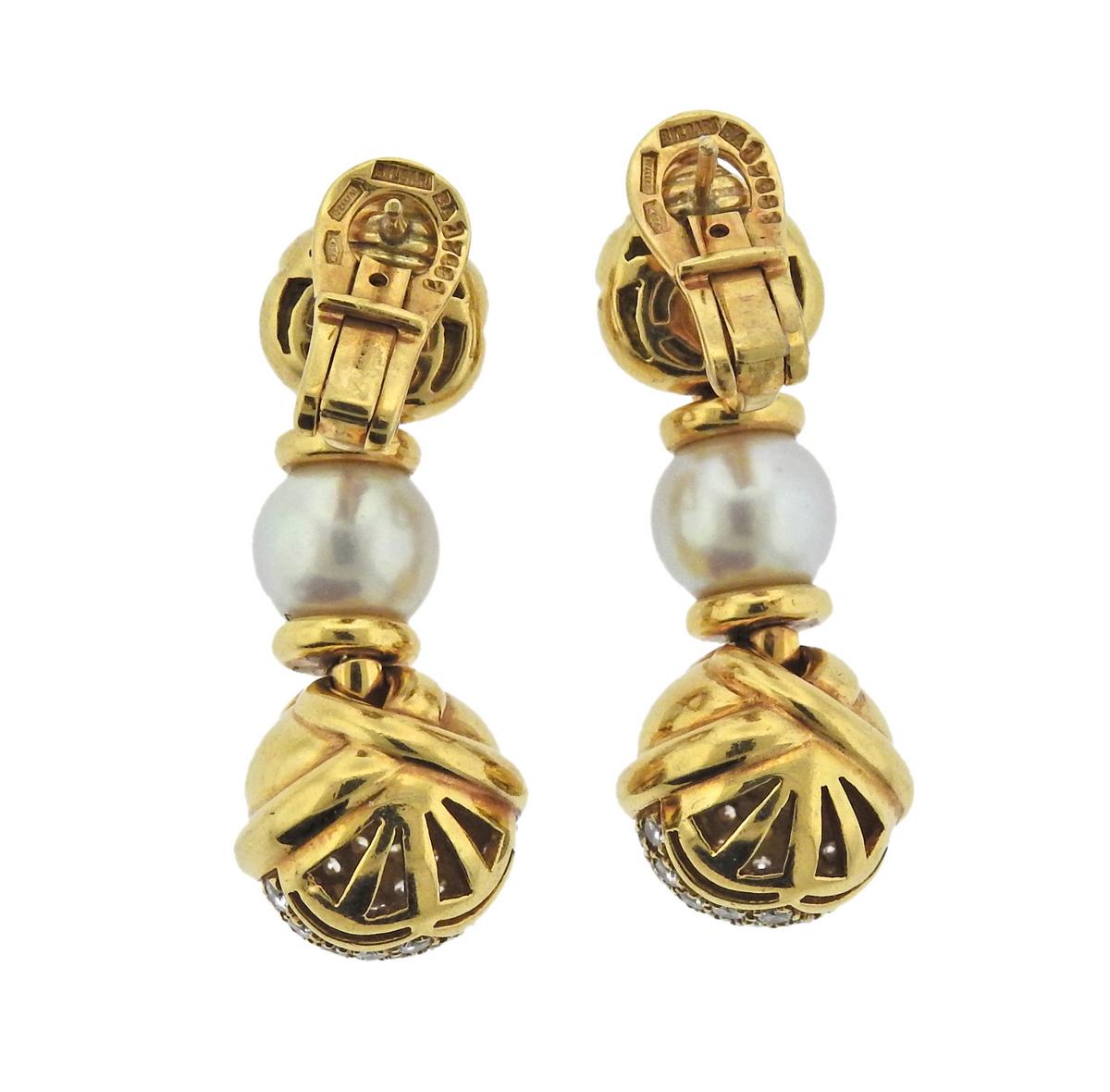 Bulgari Diamond Pearl Gold Drop Earrings In Excellent Condition In Lambertville, NJ