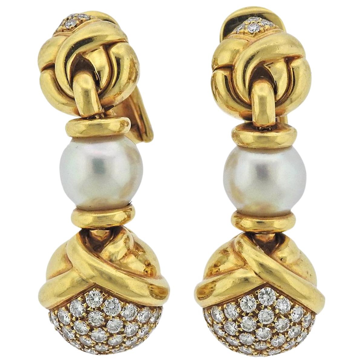 Bulgari Diamond Pearl Gold Drop Earrings