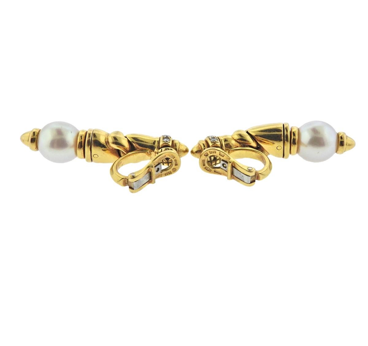 Bulgari Diamond Pearl Gold Earrings In Excellent Condition In Lambertville, NJ