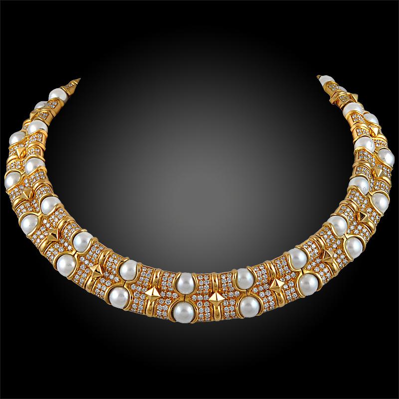 Bulgari Diamond Pearl Necklace at 1stDibs