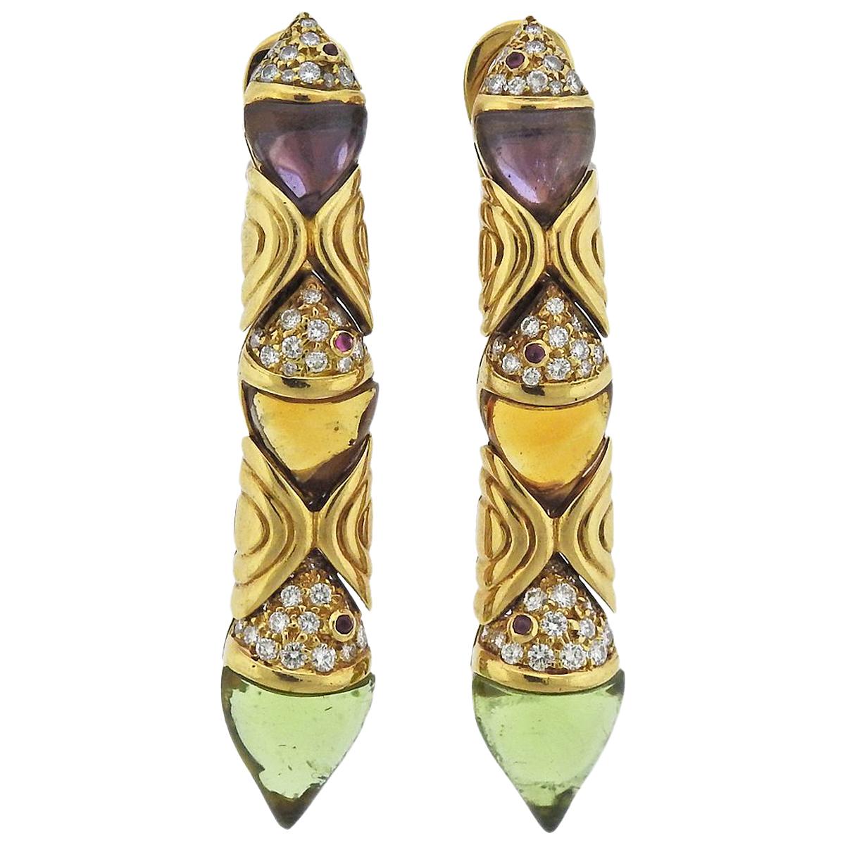 Bulgari Diamond Peridot Amethyst Citrine Gold Earrings