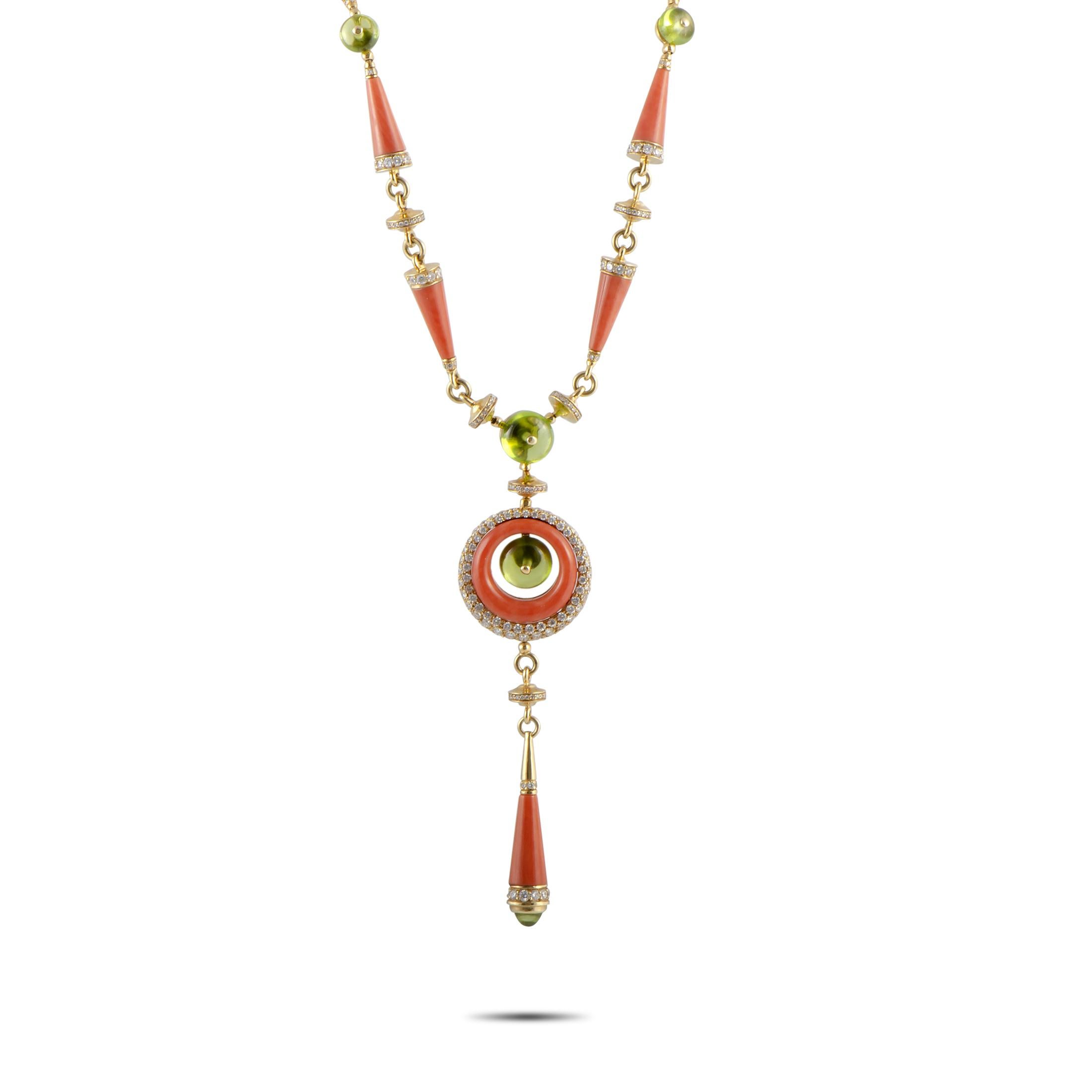 This Bvlgari set includes a necklace and a pair of earrings that are made of 18K yellow gold and set with peridot, coral and a total of 8.50 carats of diamonds.

The necklace weighs 55.3 grams and boasts chain length of 16.00”, with a pendant that