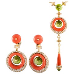 Bulgari Diamond, Peridot and Coral Yellow Gold Earring and Necklace Set
