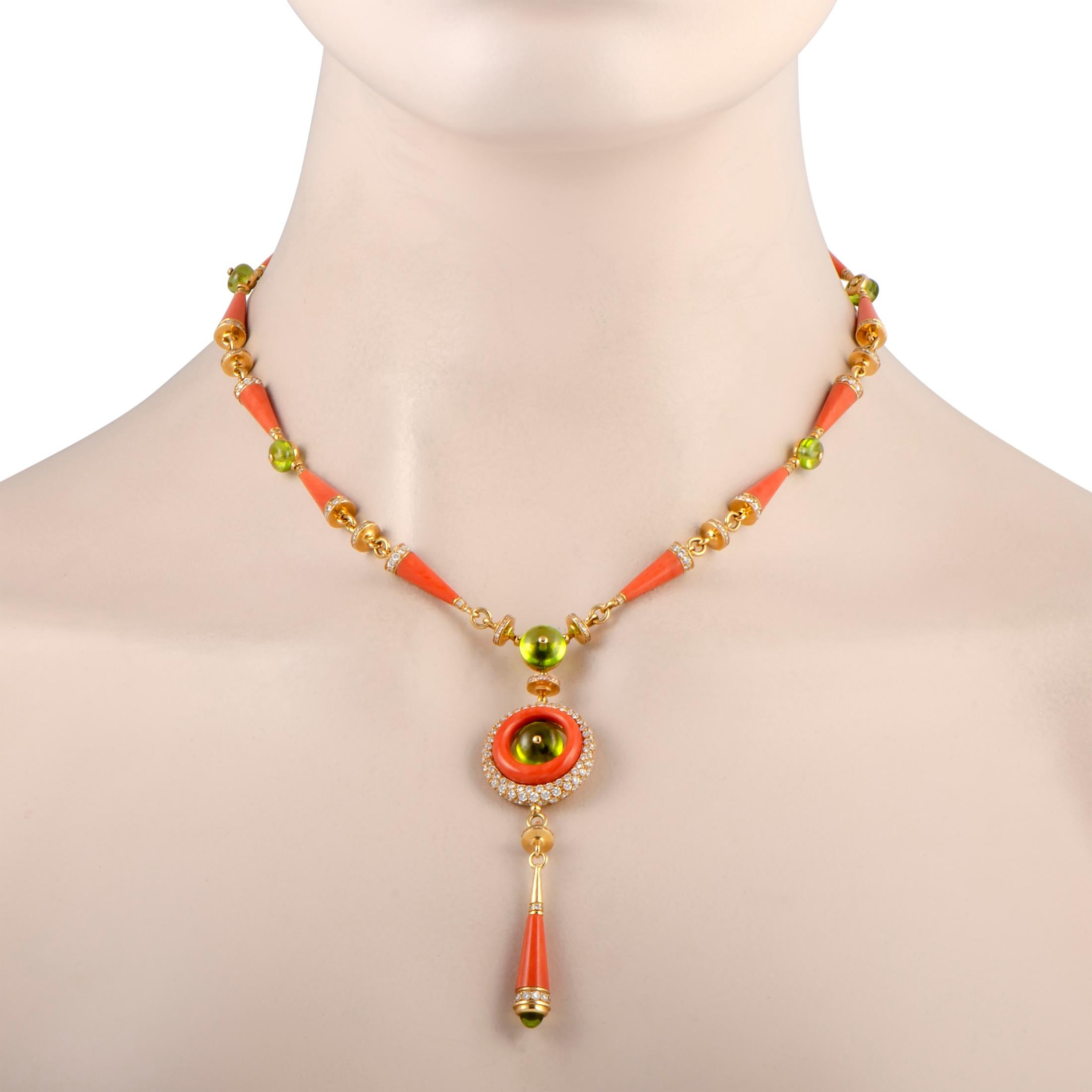 This Bvlgari necklace is made of 18K yellow gold and set with peridot, coral and diamonds.

The necklace weighs 55.3 grams and boasts chain length of 16.00”, with a pendant that measures 3.00” in length and 1.00” in width.

The necklace is offered