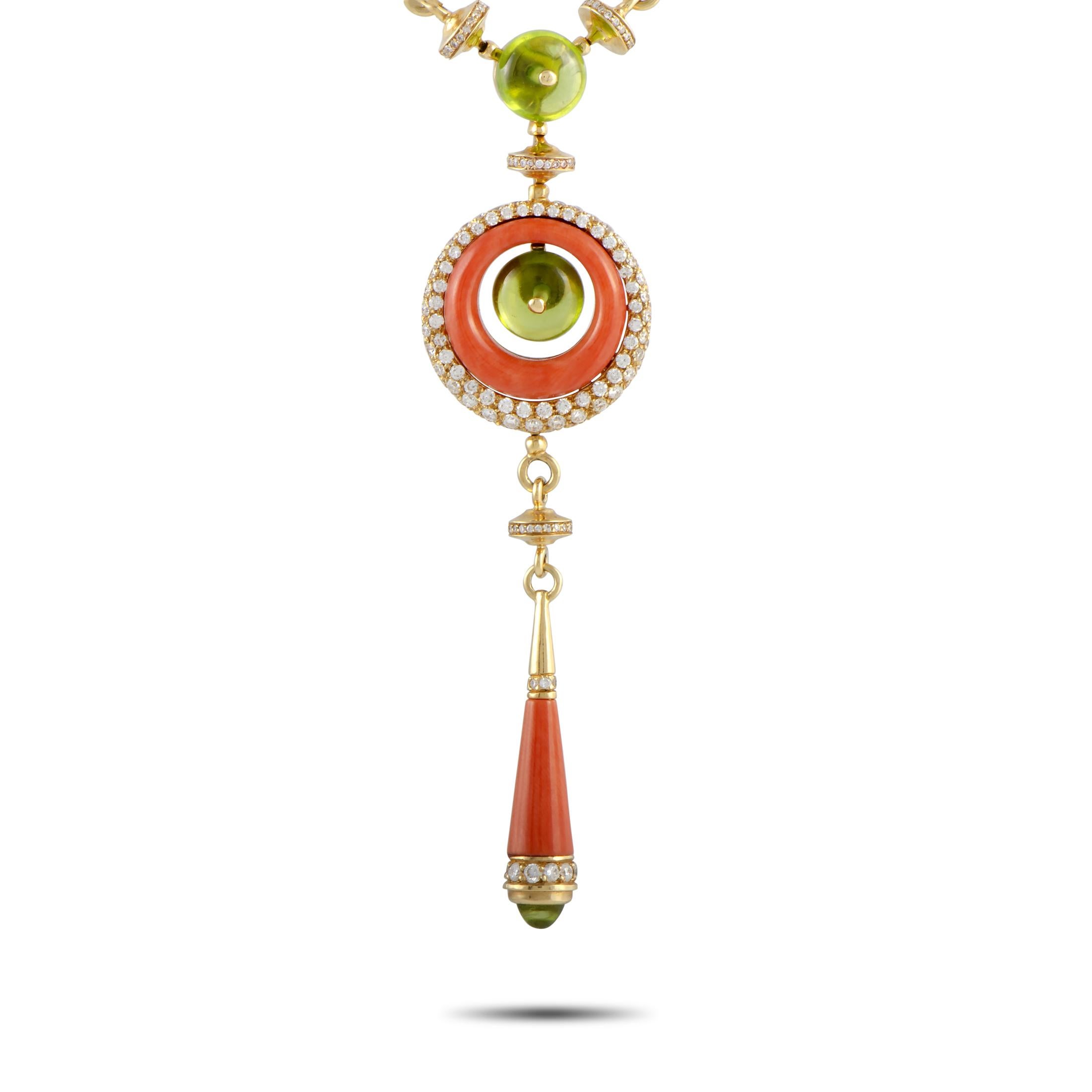 Bulgari Diamond, Peridot and Coral Yellow Gold Necklace In Excellent Condition In Southampton, PA