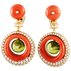 Bulgari Diamond, Peridot and Coral Yellow Gold Omega Back Earrings