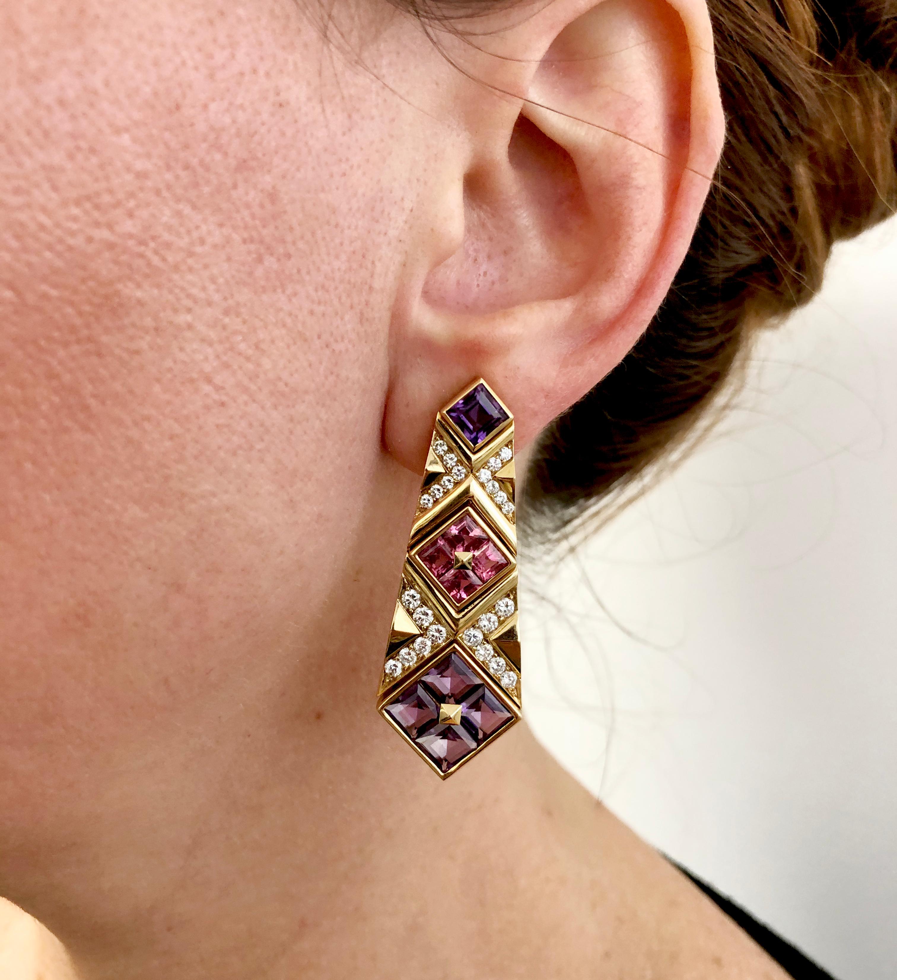 Mixed Cut Bulgari Diamond Pink Sapphire Amethyst Yellow Gold Earrings