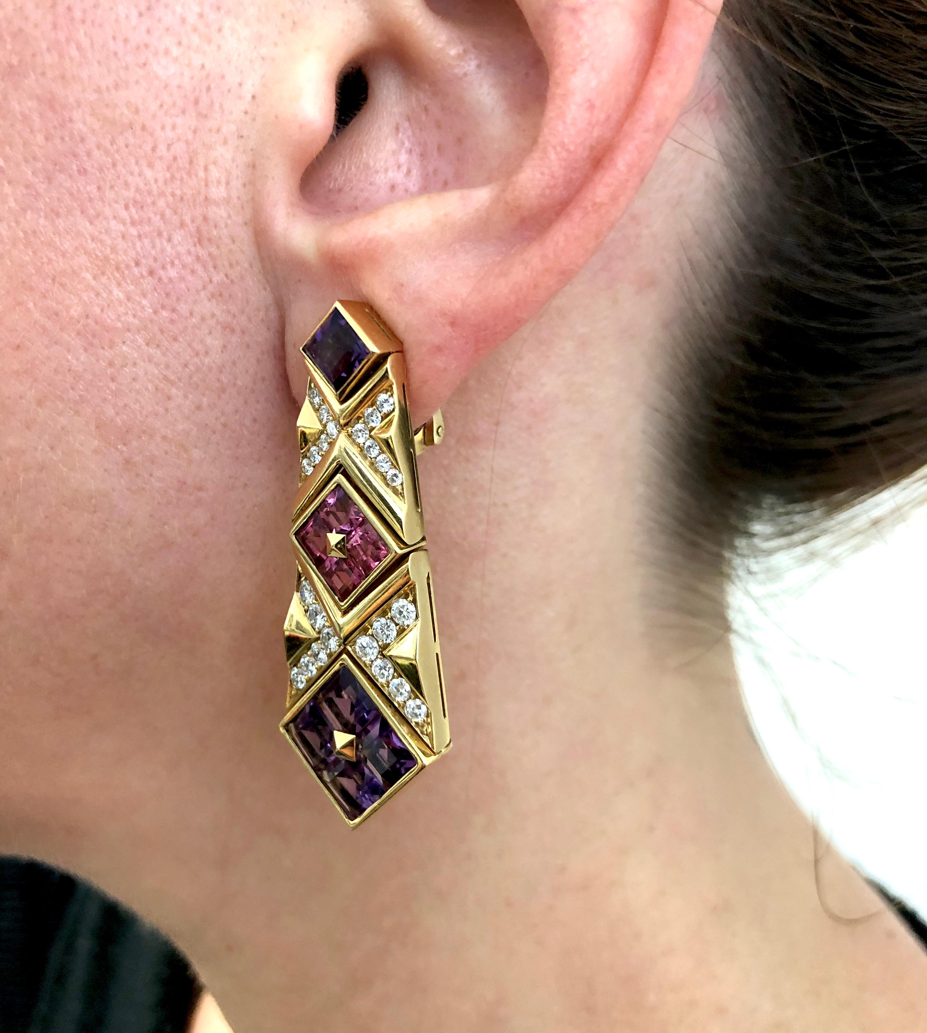 Bulgari Diamond Pink Sapphire Amethyst Yellow Gold Earrings In Good Condition In New York, NY