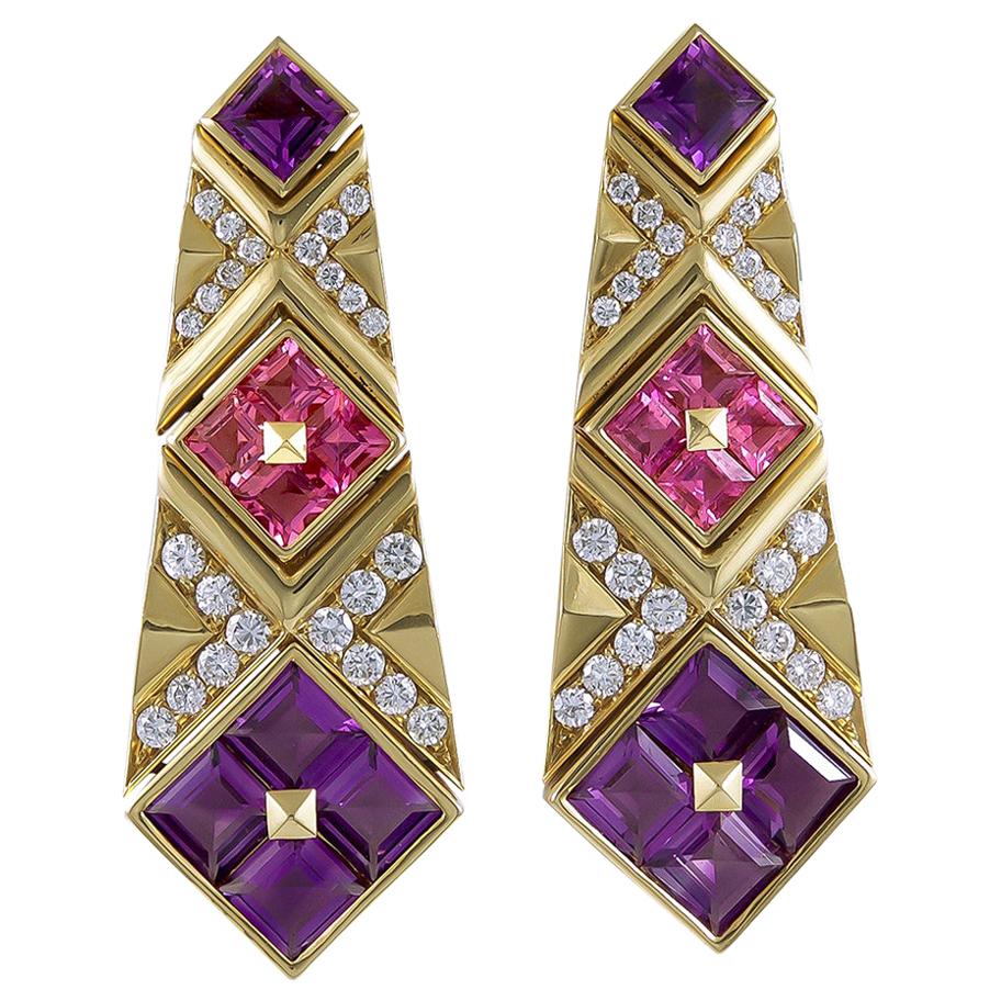 Bulgari Diamond Pink Sapphire Amethyst Yellow Gold Earrings