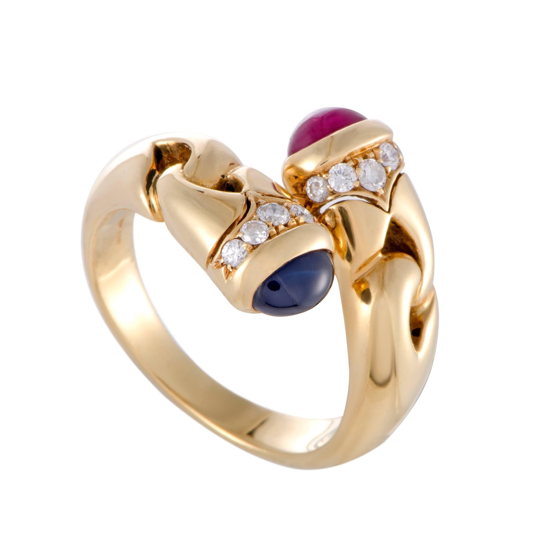 Bulgari Diamond Ruby and Sapphire Bypass Band Ring