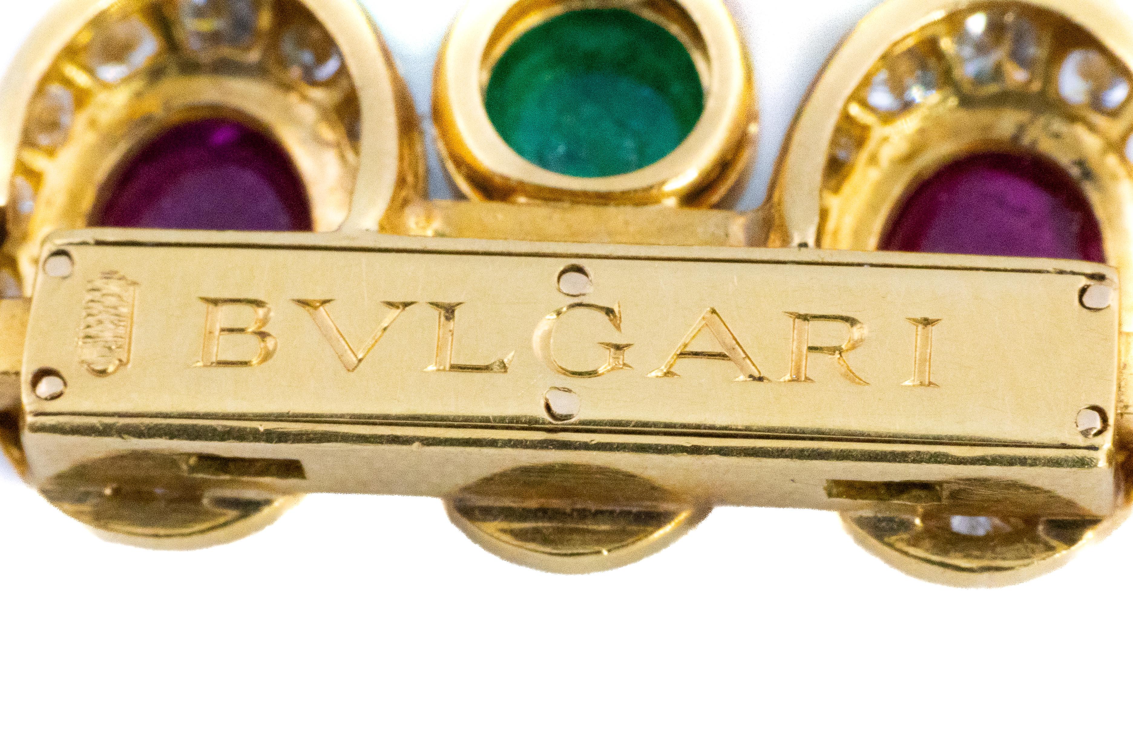 Bulgari Diamant-, Rubin- und Smaragd-Armband mit drei Strängen (Cabochon)