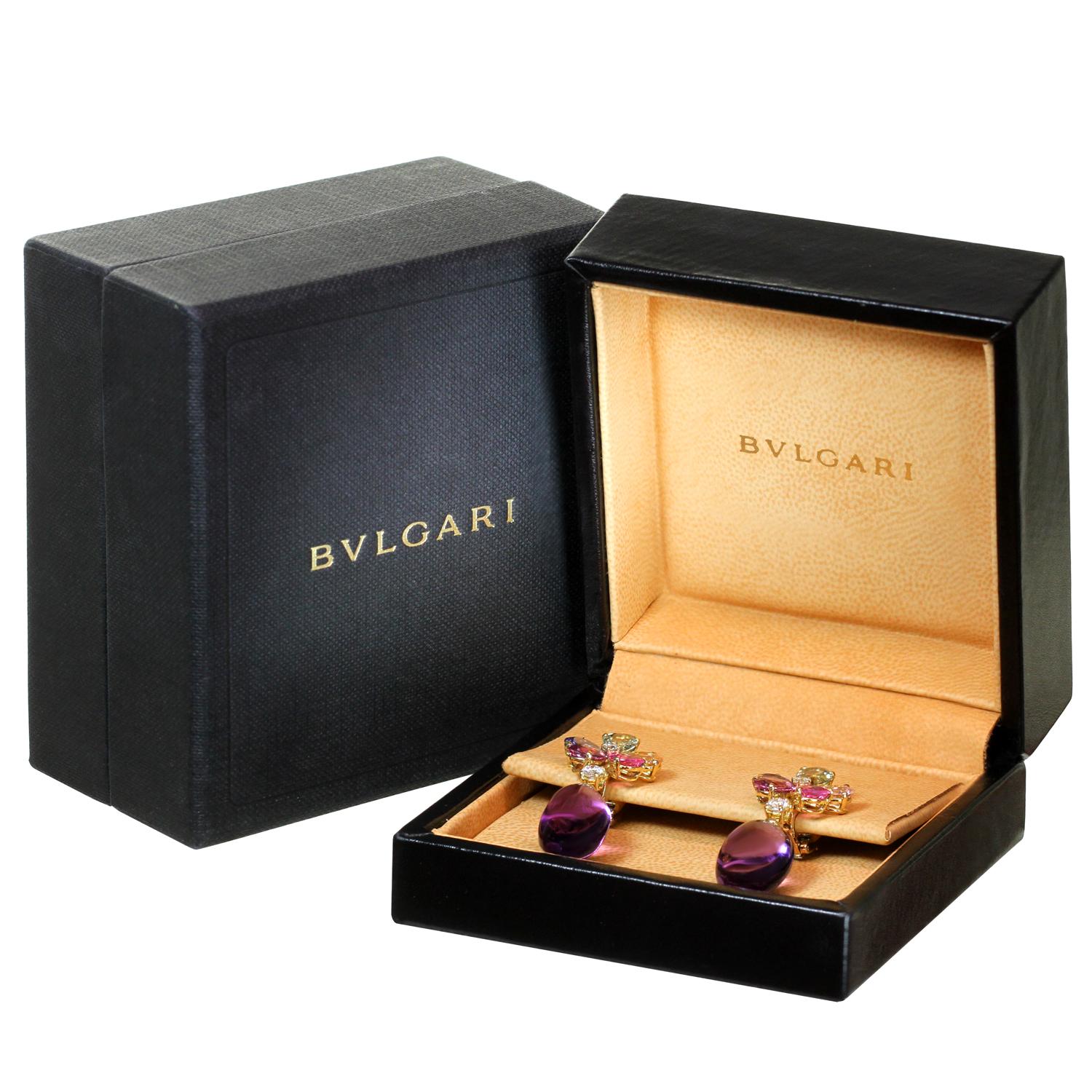 Bulgari Diamond Sapphire Amethyst Yellow Gold Flower Earrings In Excellent Condition In New York, NY