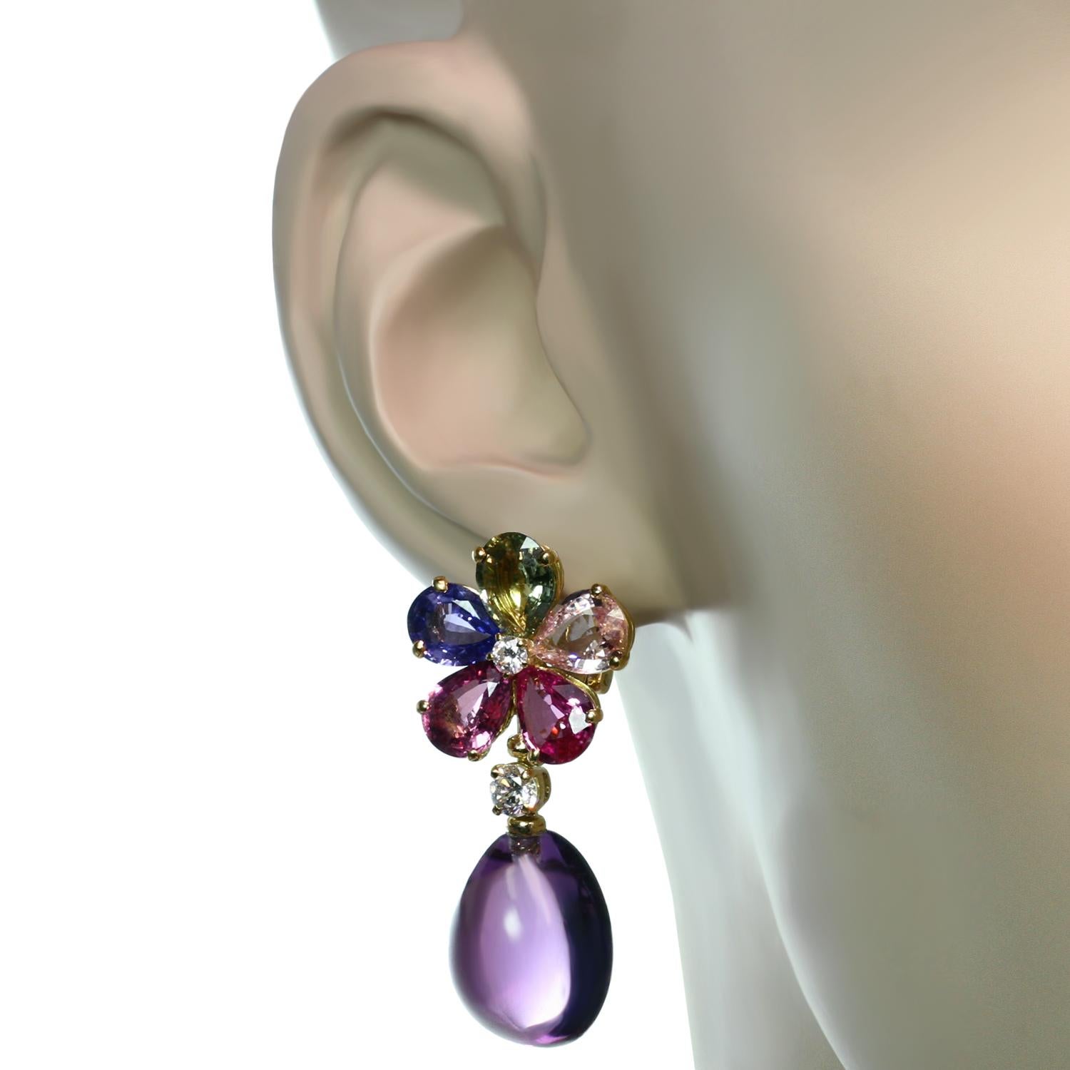 Women's Bulgari Diamond Sapphire Amethyst Yellow Gold Flower Earrings