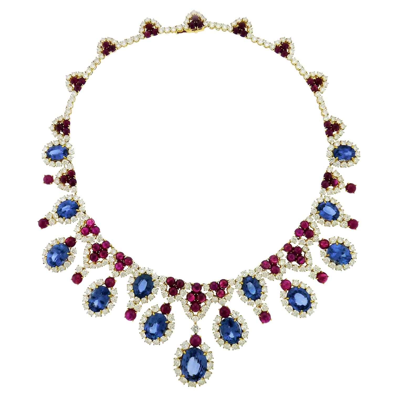 Bulgari Diamond Sapphire Ruby 18 Karat White Gold Fringe Necklace