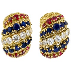 Antique Bulgari Diamond Sapphire Ruby Yellow Gold Earrings