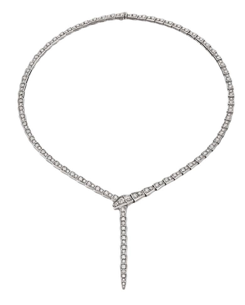 18k white gold slim serpenti necklace, set with full pave diamonds, signed Bulgari.