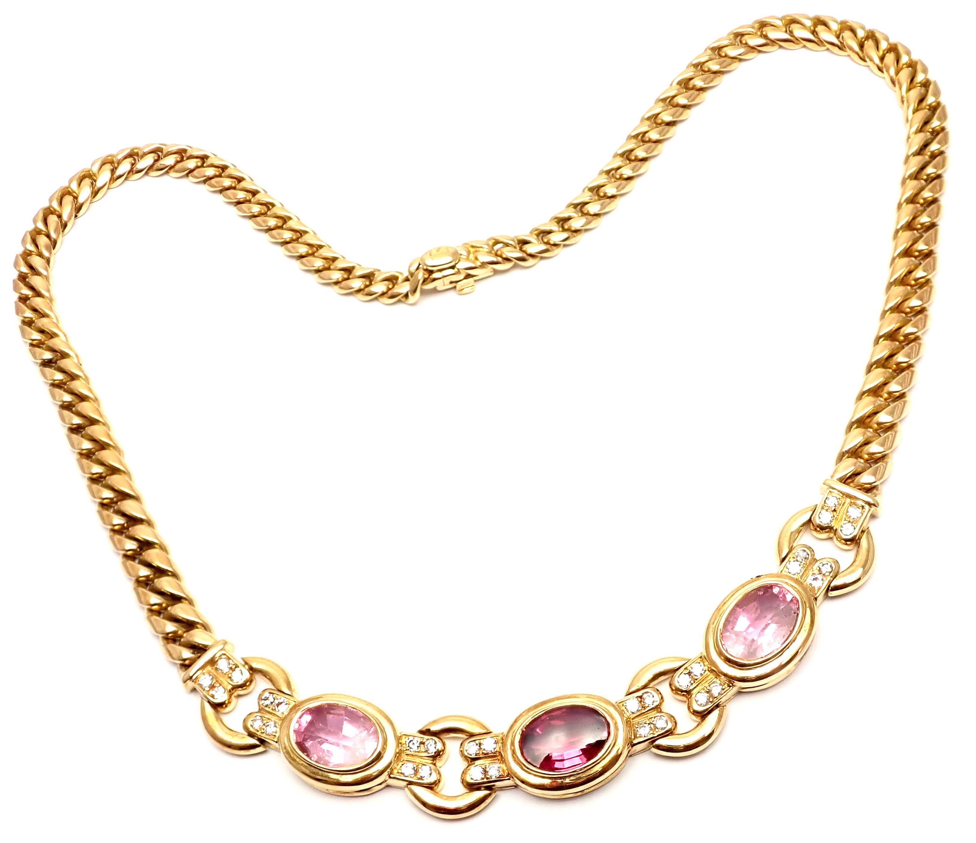18k Yellow Gold Diamond Tourmaline And Pink Sapphire Link Necklace by Bulgari. 
With 32 Diamonds, total diamond weight: .96ct and 
2 10x6mm pink sapphires
1 10/6mm pink tourmaline
Details: 
Length: 16
