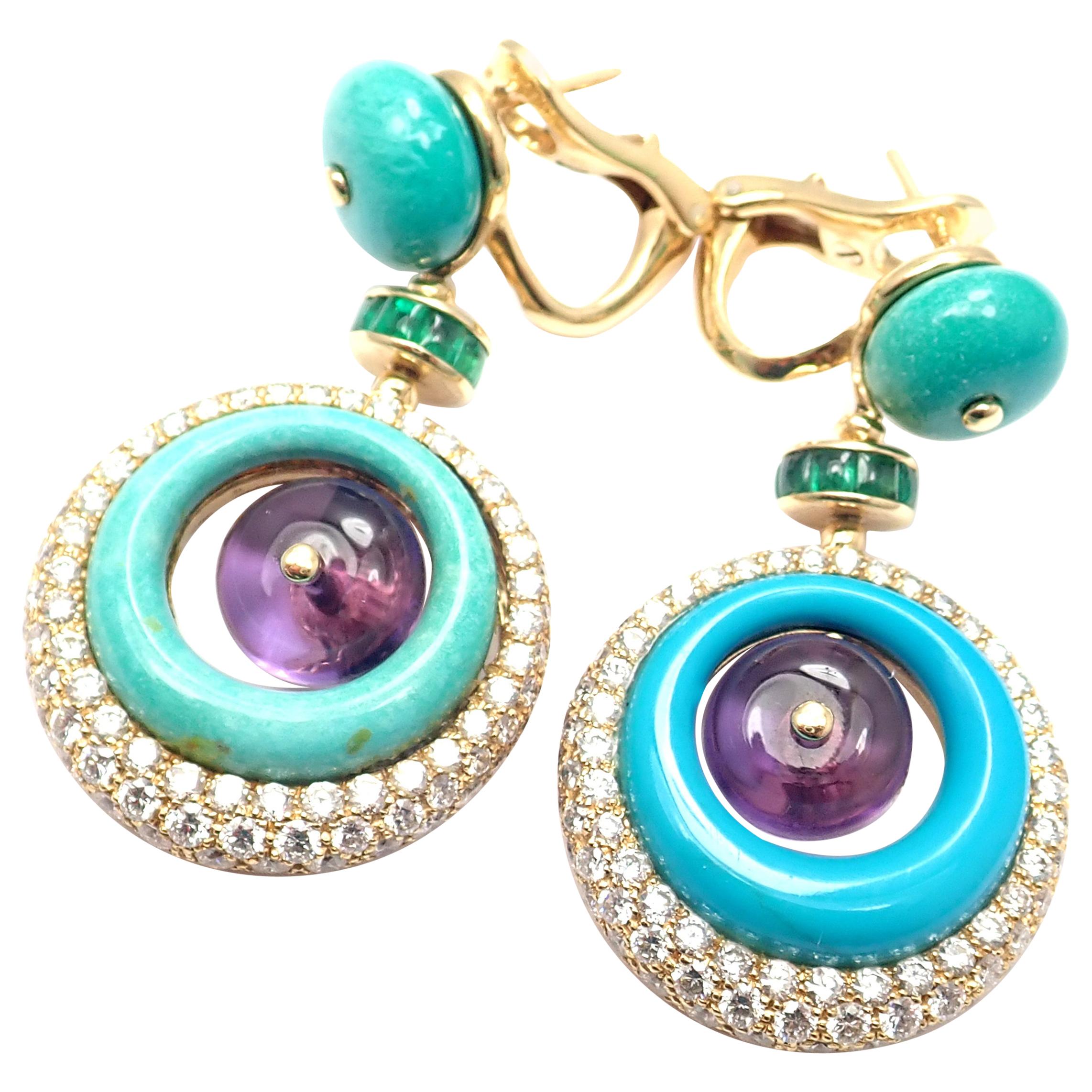 Bulgari - Boucles d'oreilles pendantes en or jaune avec diamant:: turquoise:: améthyste et tourmaline