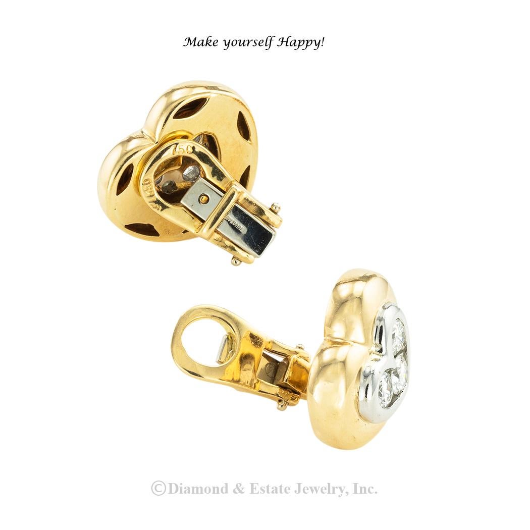 Round Cut Bulgari Diamond Yellow Gold Clip On Heart Shaped Earrings