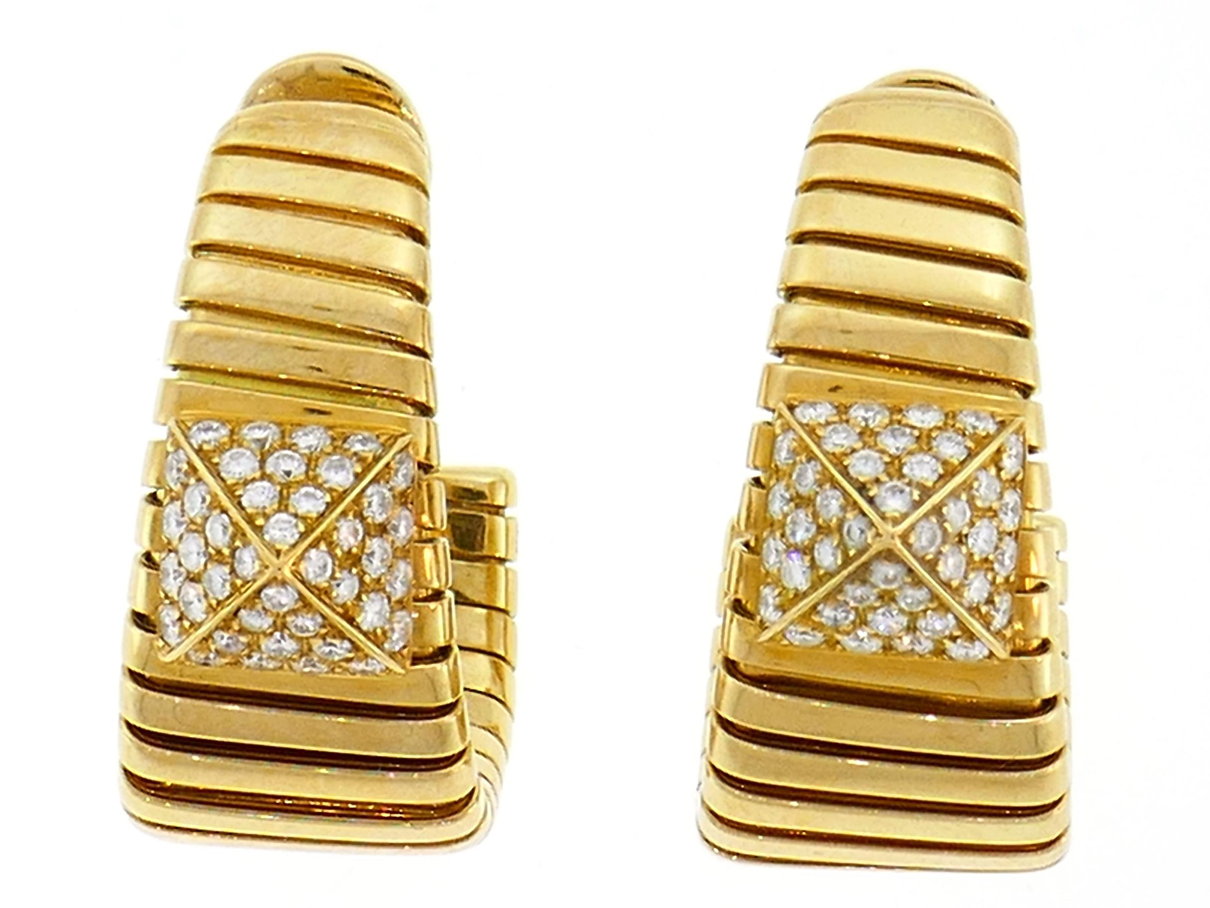 Women's Vintage Bulgari Tubogas Hoop Earrings Diamond 18k Gold Bvlgari