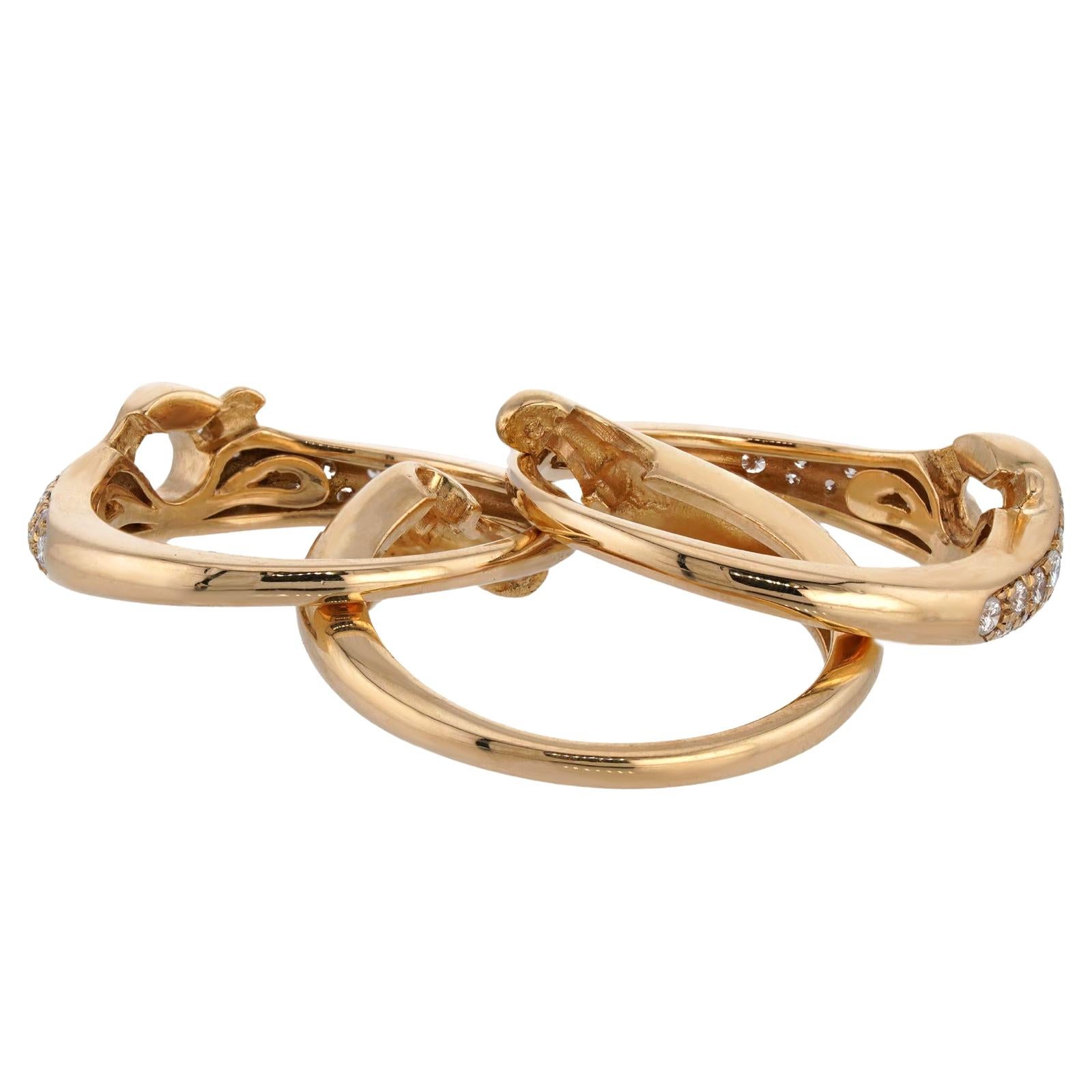 BULGARI Diamond Yellow Gold Wavy 3-Band Stackable Ring In Excellent Condition In New York, NY